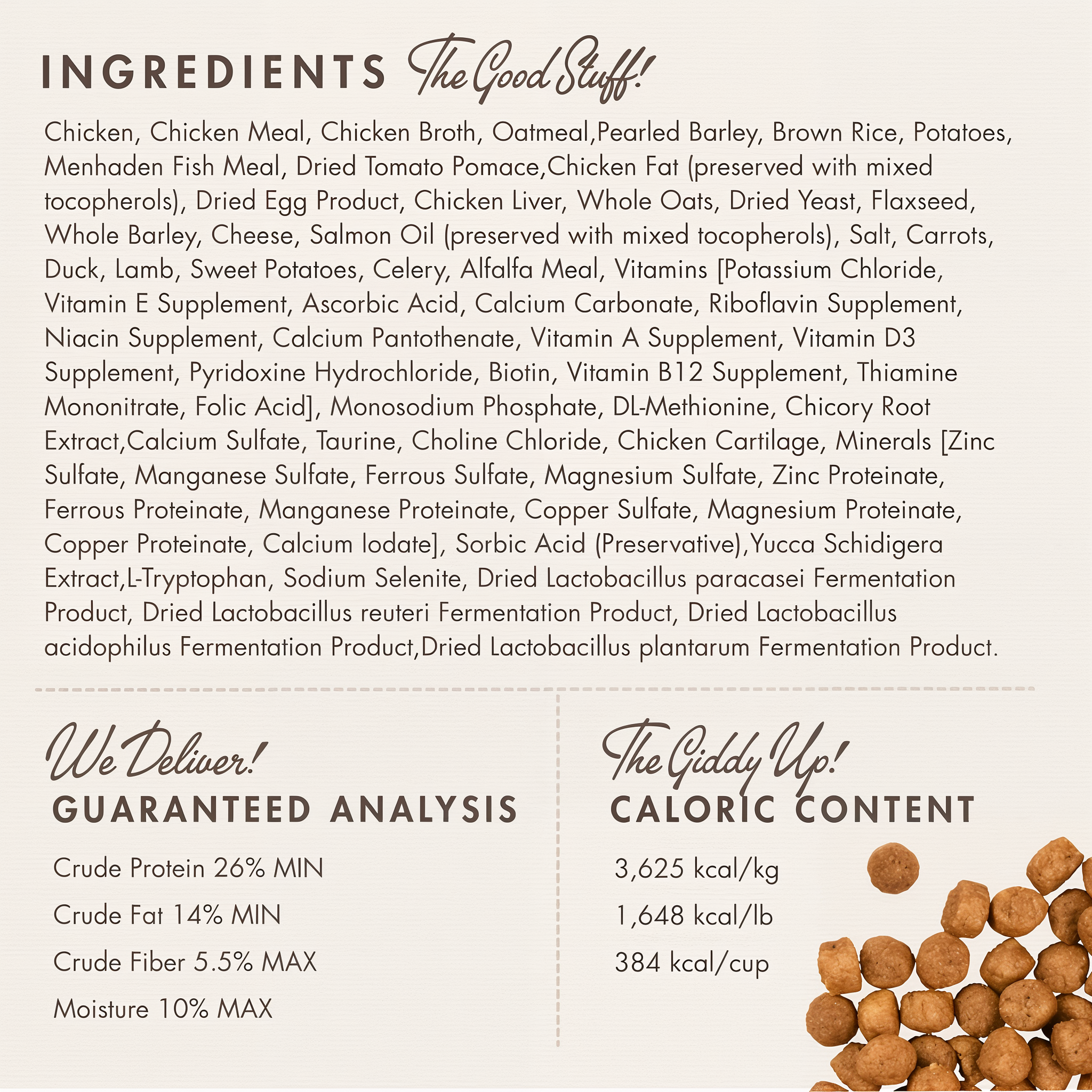 Fromm Gold Large Breed Puppy ingredients panel with guaranteed analysis and caloric content