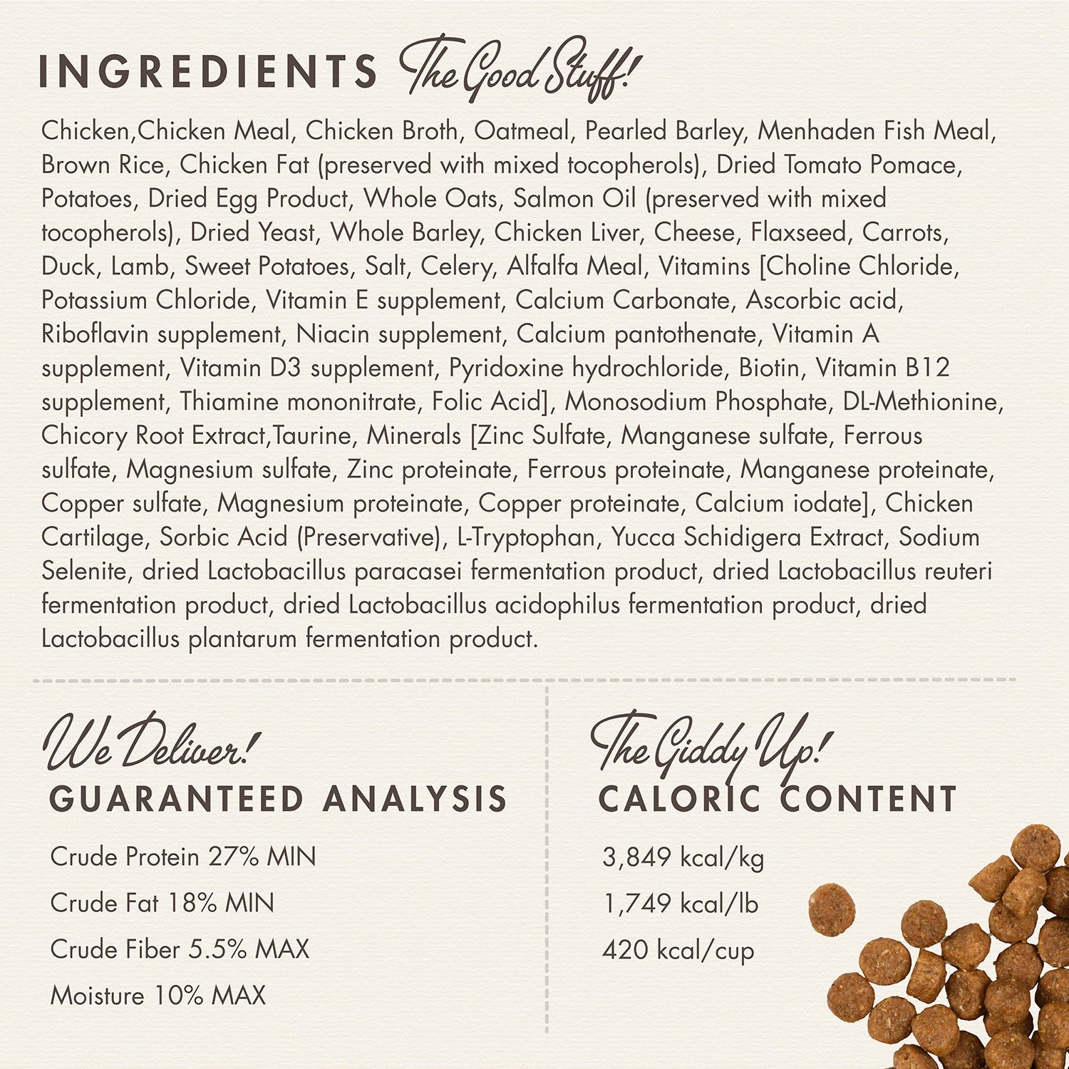 Fromm Gold Puppy ingredients panel with guaranteed analysis and caloric content
