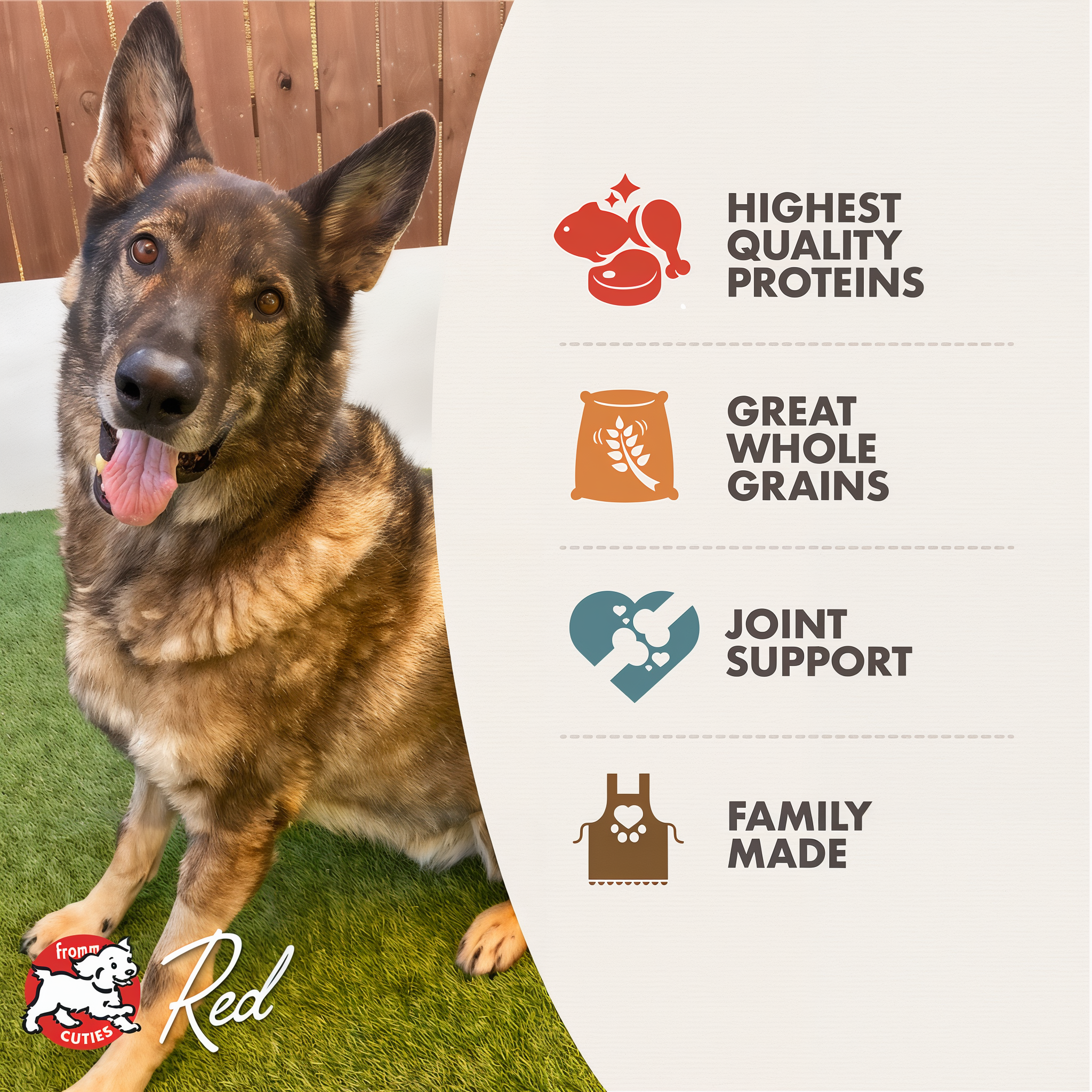 Fromm Gold Reduced Activity & Senior benefits: highest quality proteins, great whole grains, joint support, family made