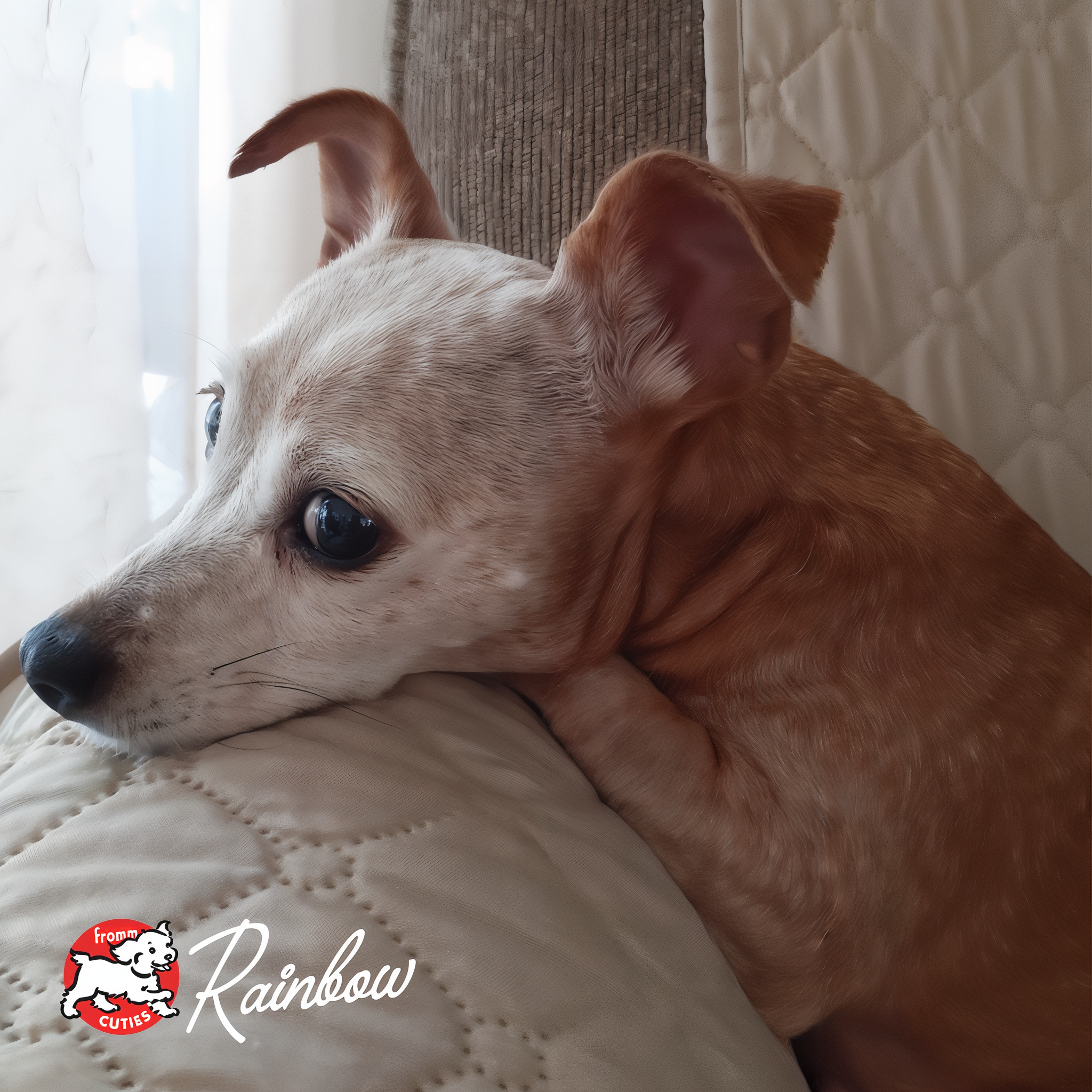 Small dog Rainbow resting on a quilted cushion, from the Fromm Cuties gallery