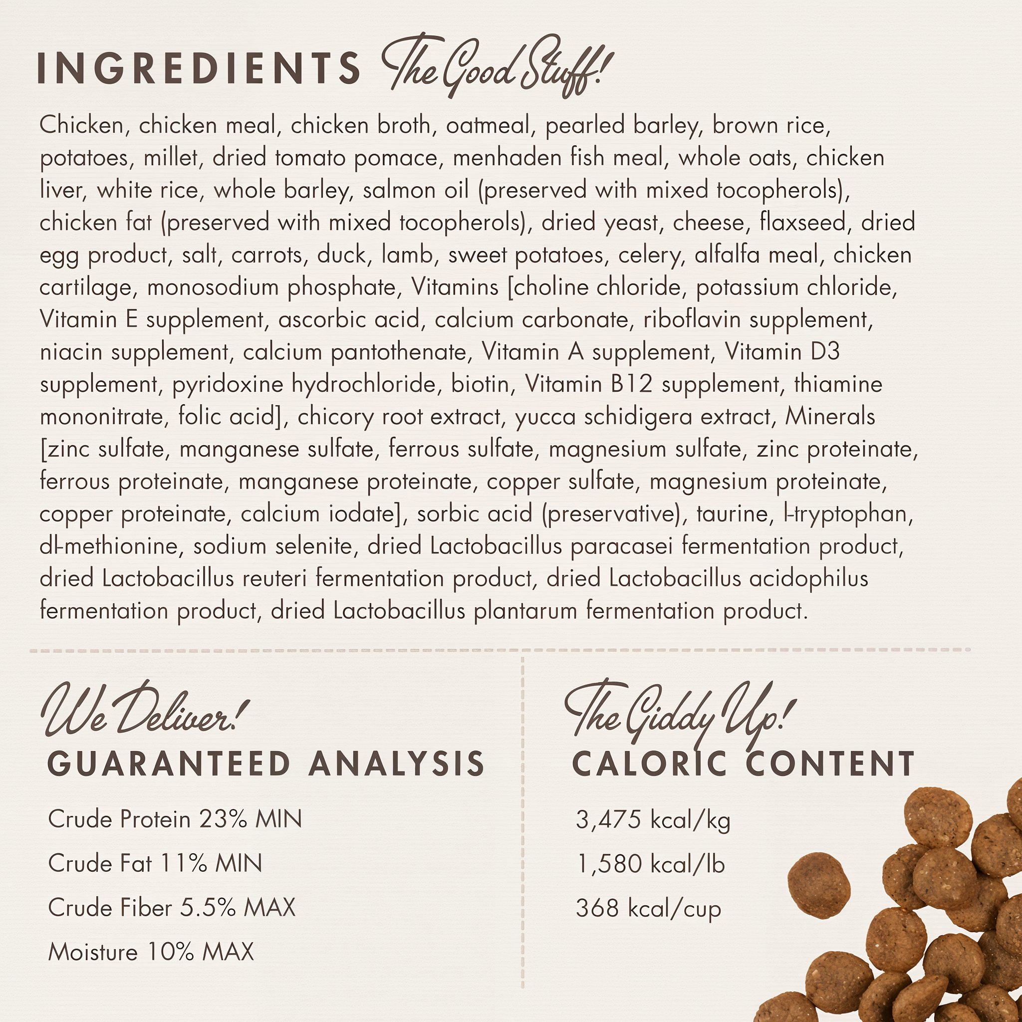 Fromm Gold Reduced Activity & Senior ingredients panel with guaranteed analysis and caloric content