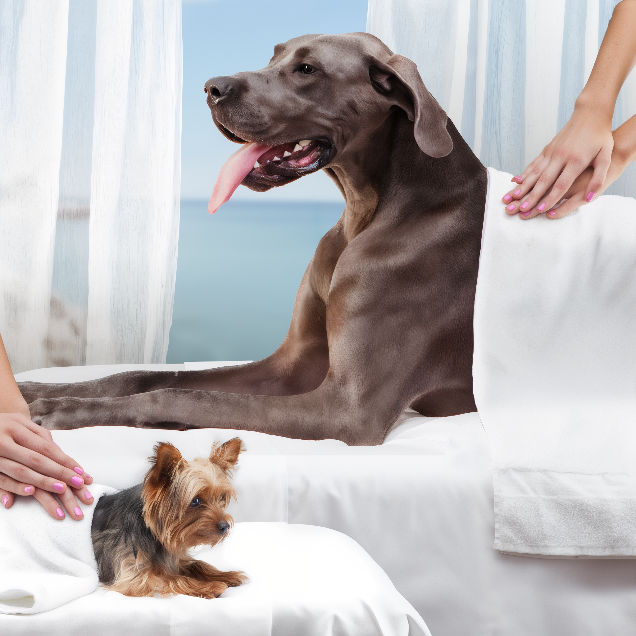 A large grey dog and a small dog relaxing under towels during a spa massage