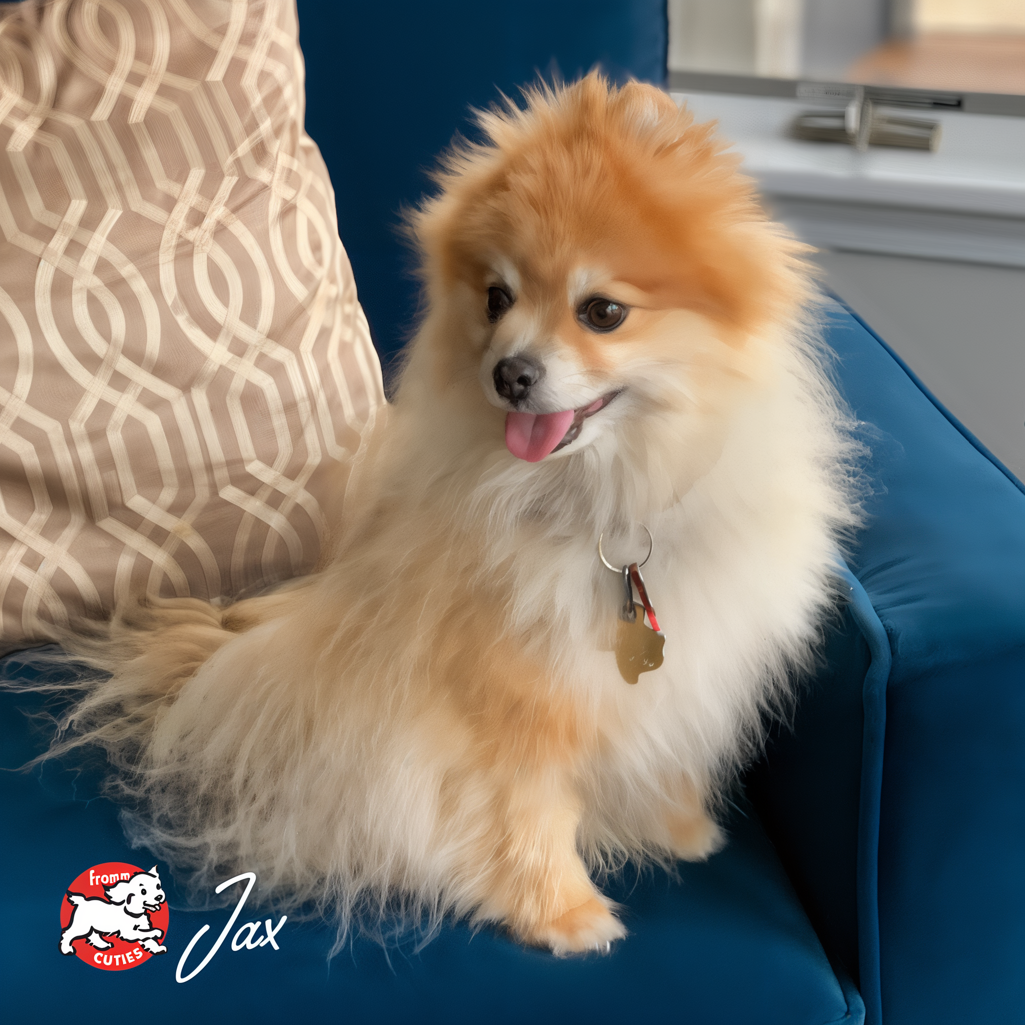 Dog Jax sitting on a blue couch, from the Fromm Cuties gallery