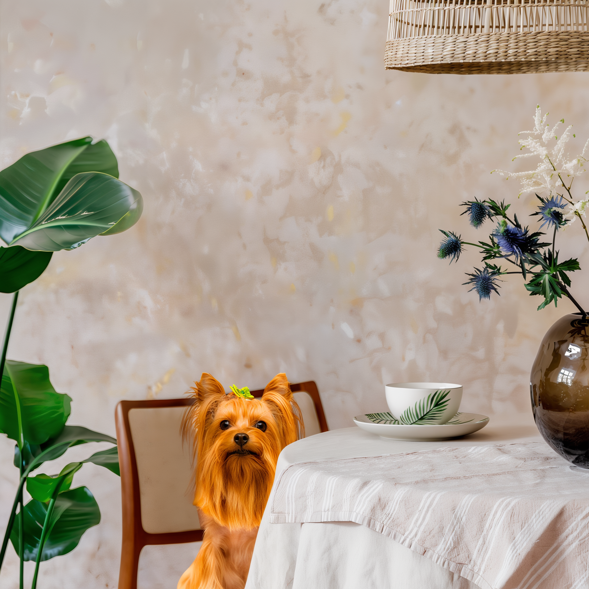 Small long-haired dog seated at a cafe table with a teacup and plants