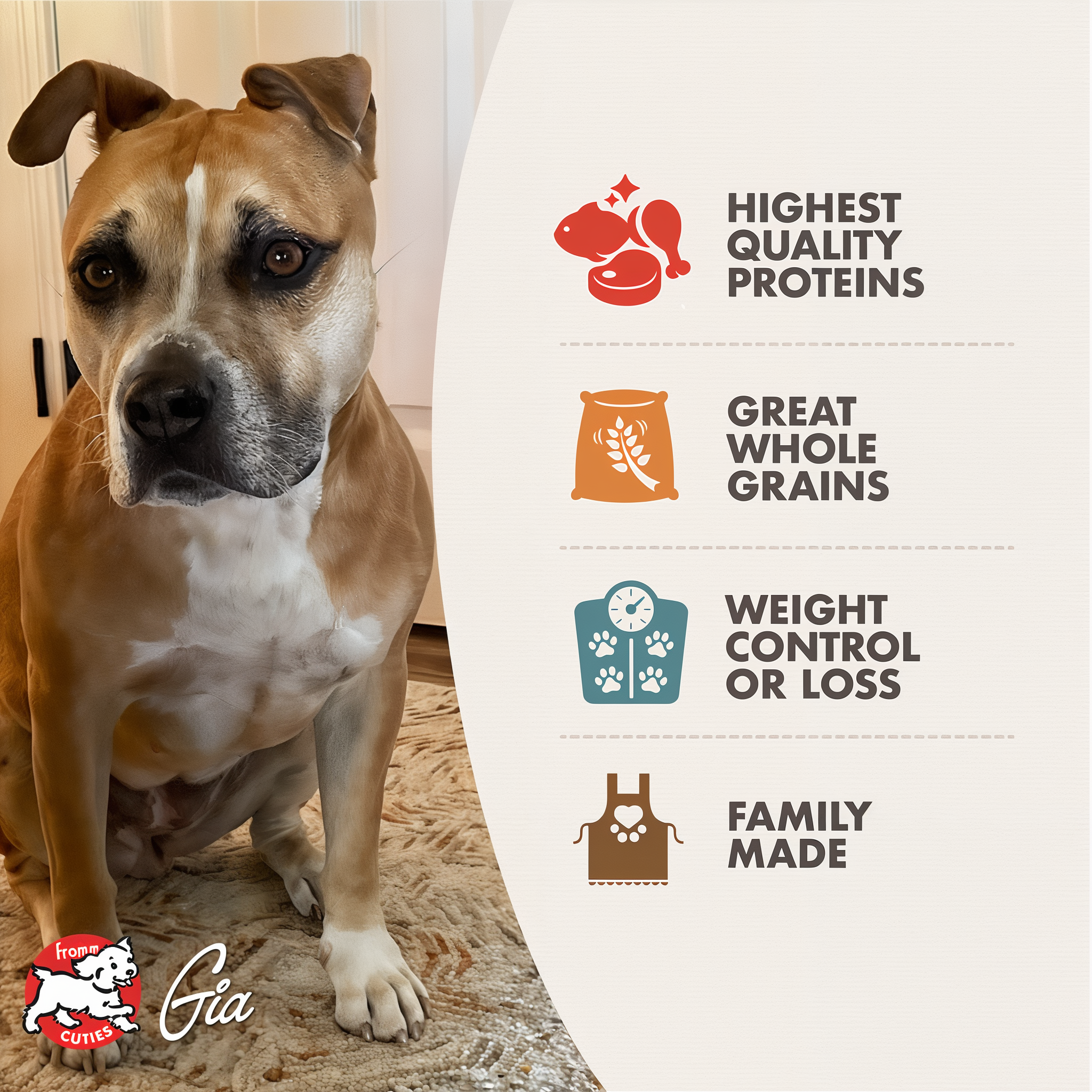 Fromm Gold Weight Management benefits: high quality proteins, whole grains, weight control support