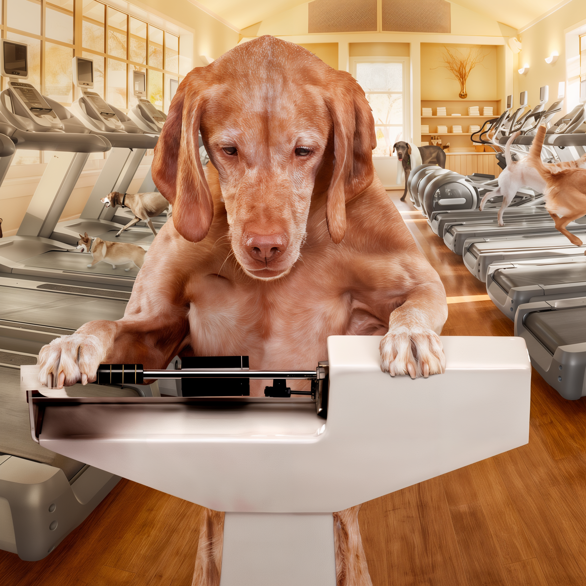 Dog checking its weight on a scale in a gym full of dogs on treadmills
