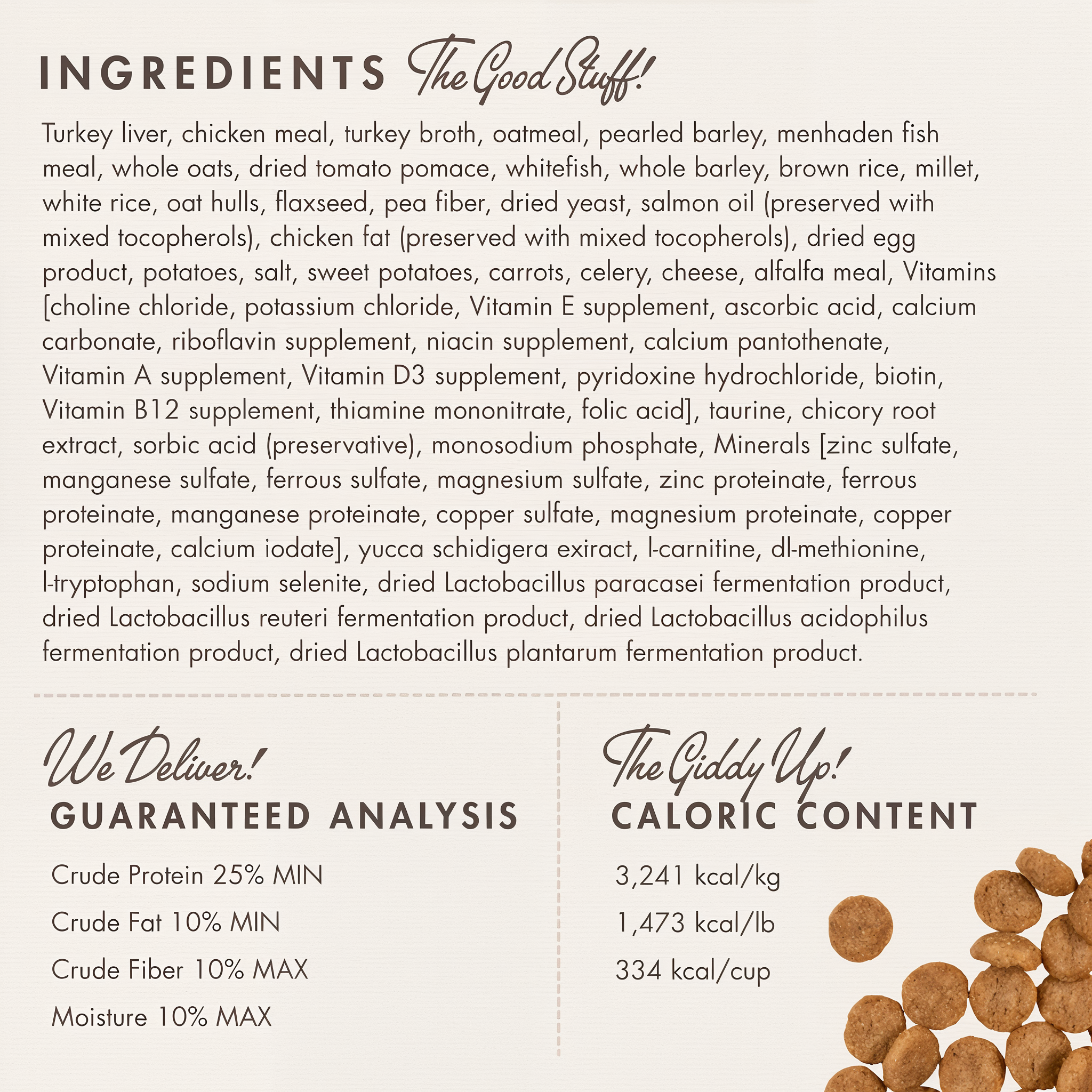 Fromm Gold Weight Management ingredients panel with guaranteed analysis and caloric content