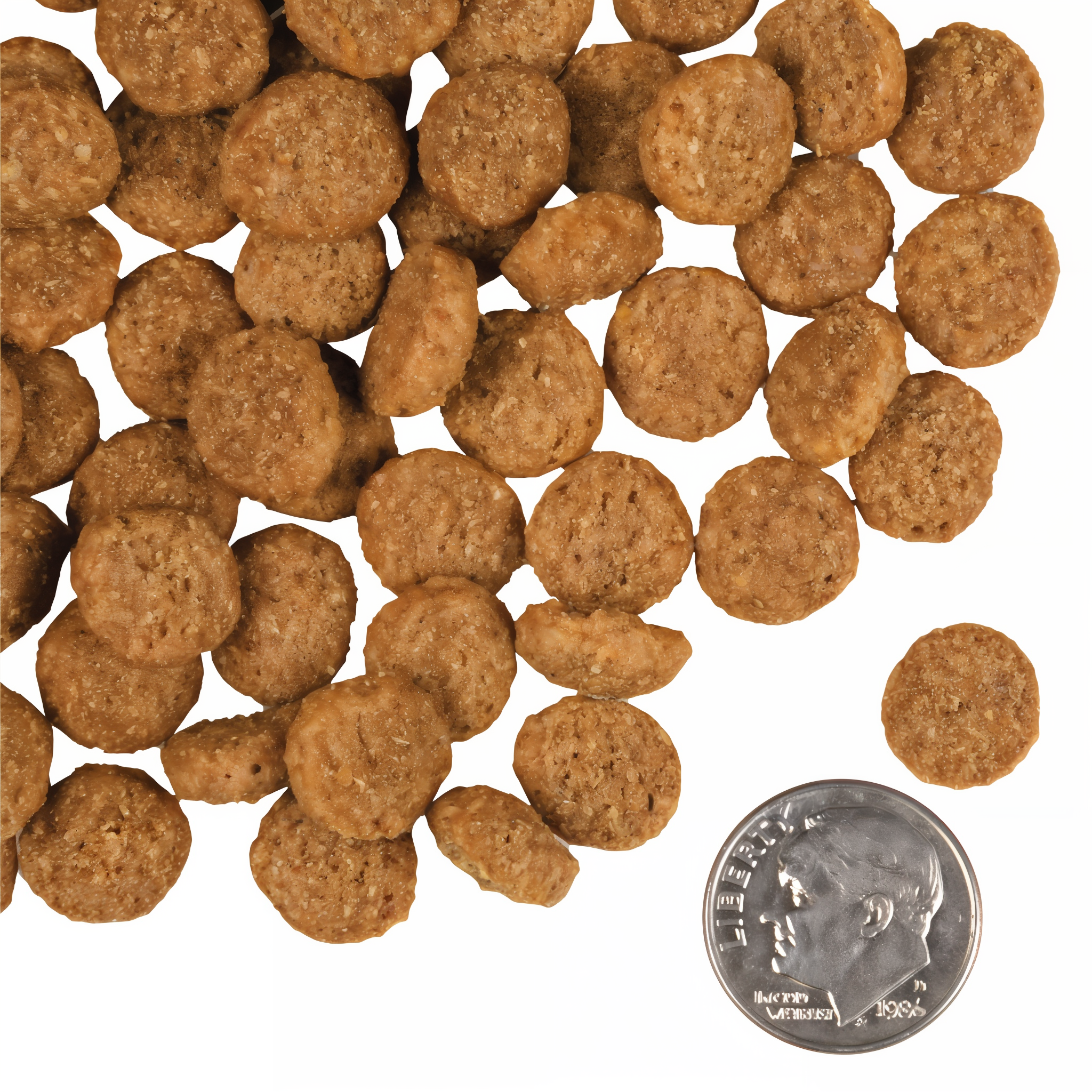A small pile of Fromm Gold Weight Management kibble next to a dime for scale