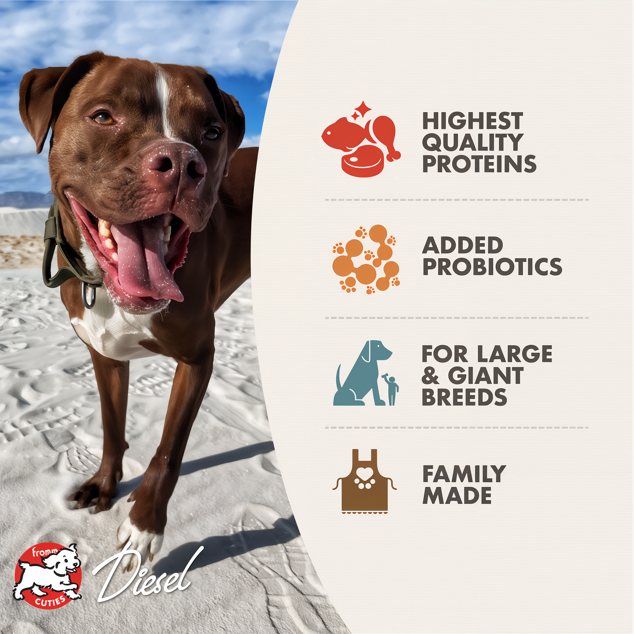 Fromm Heartland Gold Large Breed Adult benefits: highest quality proteins, added probiotics, for large and giant breeds, family made