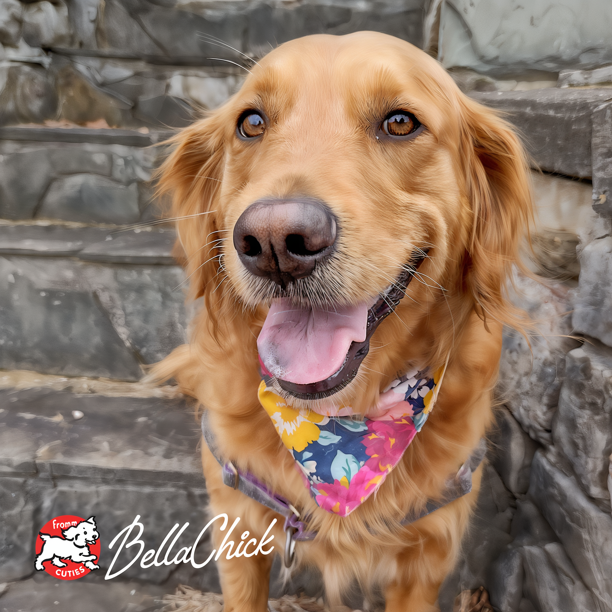 Dog BellaChick wearing a floral bandana beside stone steps, from the Fromm Cuties gallery