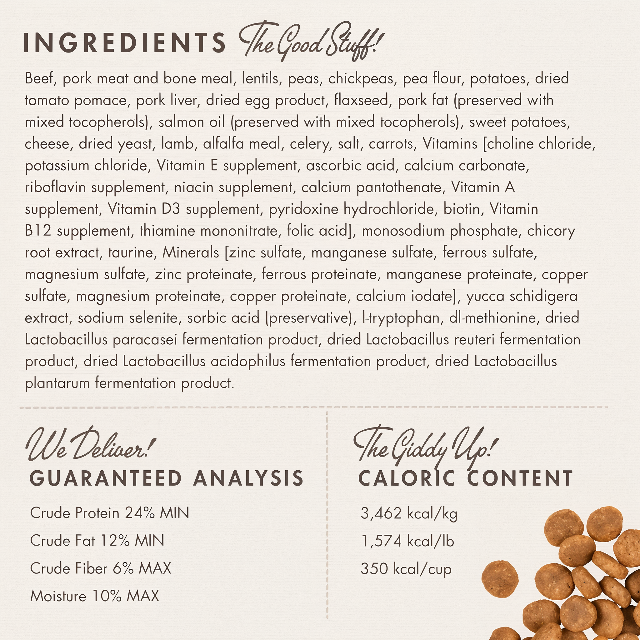 Fromm Heartland Gold Large Breed Adult ingredients panel with guaranteed analysis and caloric content
