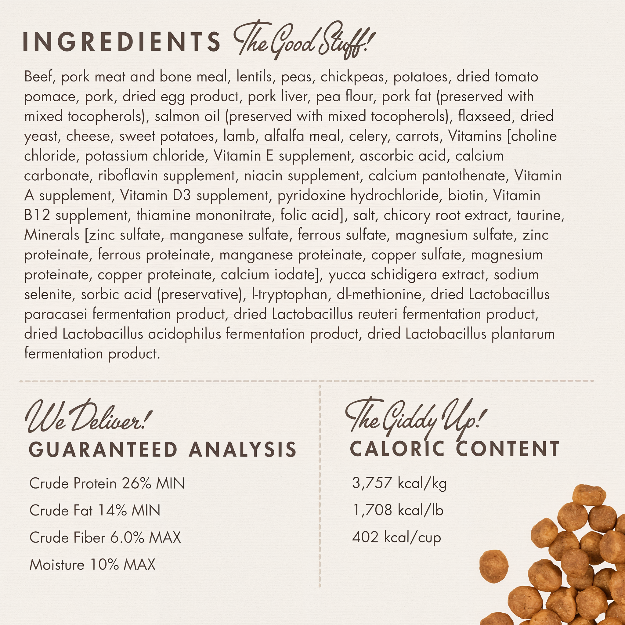 Fromm Heartland Gold Large Breed Puppy ingredients panel with guaranteed analysis and caloric content
