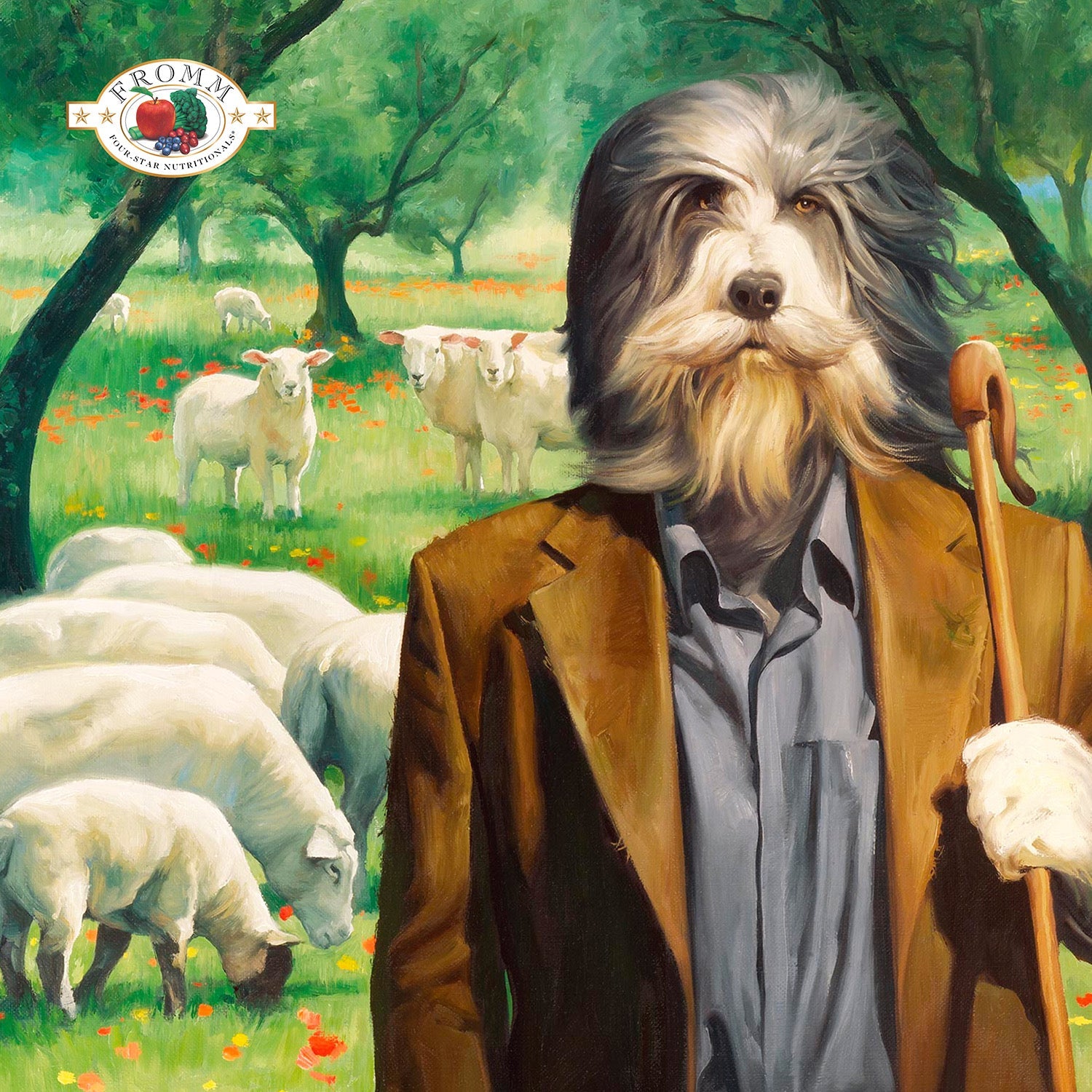 Whimsical Fromm Four-Star painted portrait of a shaggy dog dressed as a shepherd with crook among grazing sheep