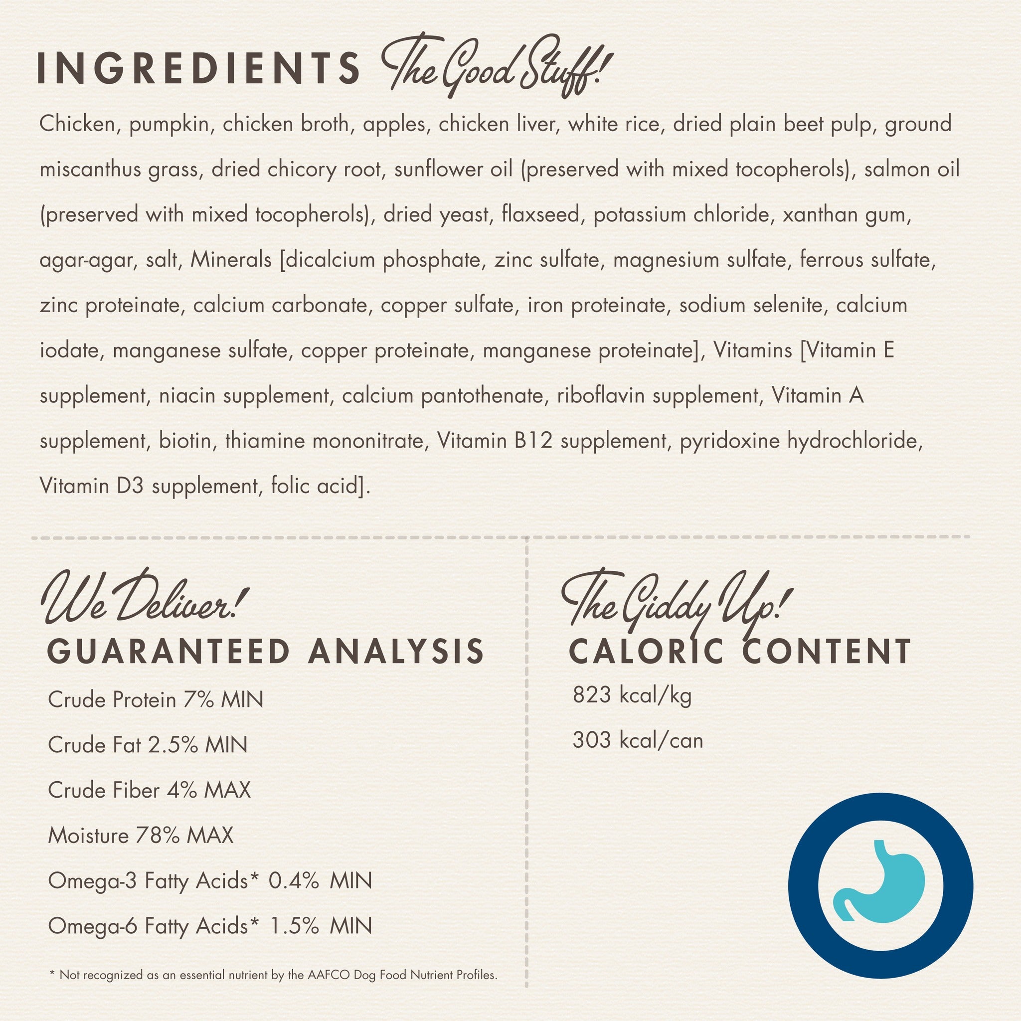 Fromm Nutritionals Digestive ingredients panel with guaranteed analysis and caloric content