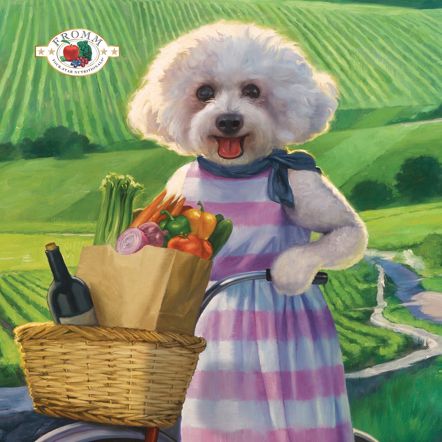 Whimsical Fromm Four-Star painted portrait of a small white fluffy dog in a striped dress riding a bicycle with a vegetable basket through vineyards