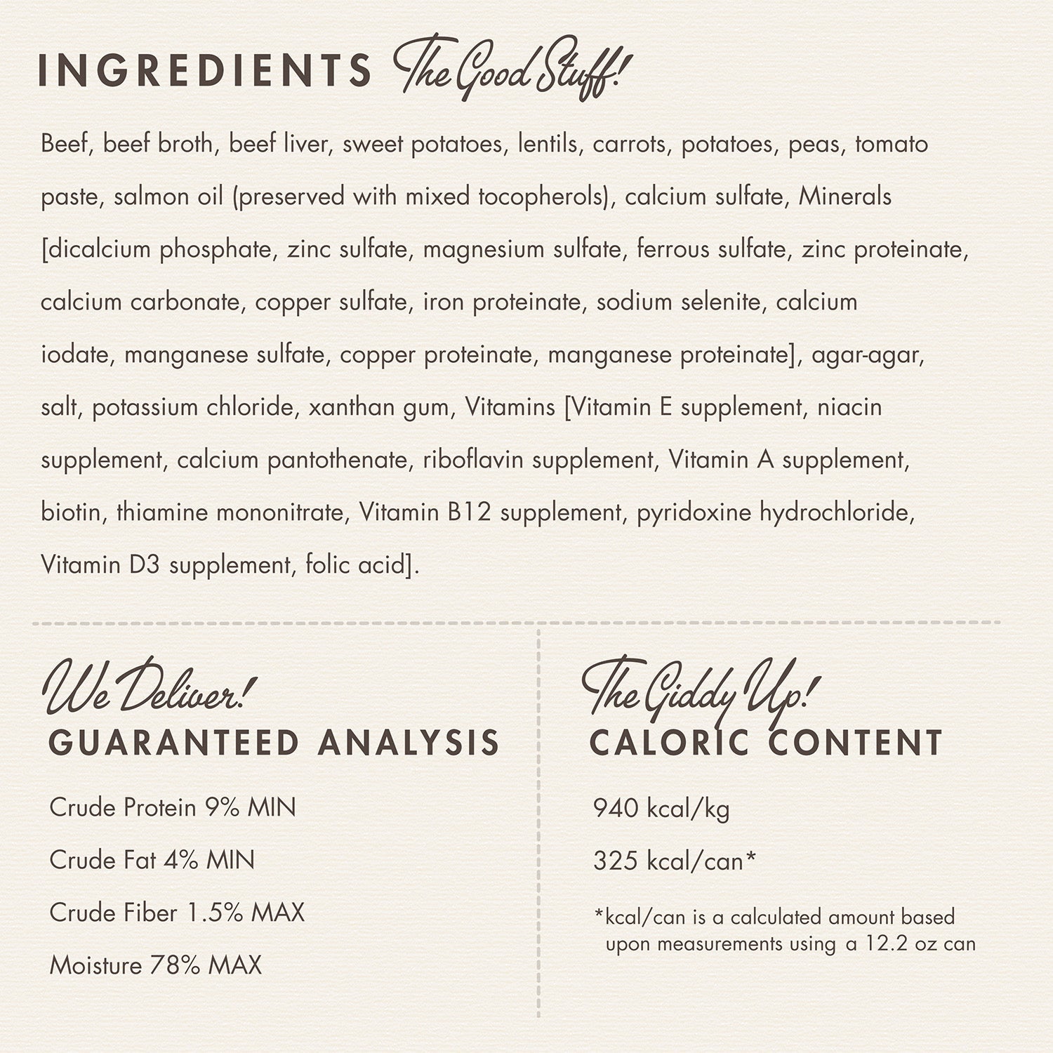 Fromm Pâté Beef & Sweet Potato ingredients panel with guaranteed analysis and caloric content