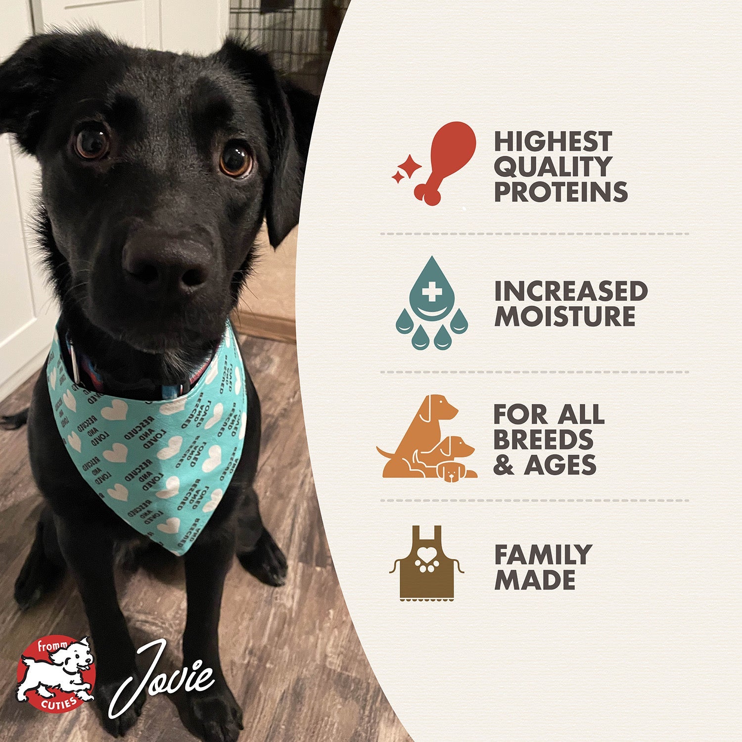 Fromm Cuties dog Jovie with Fromm Pâté benefits: highest quality proteins, increased moisture, for all breeds and ages, family made