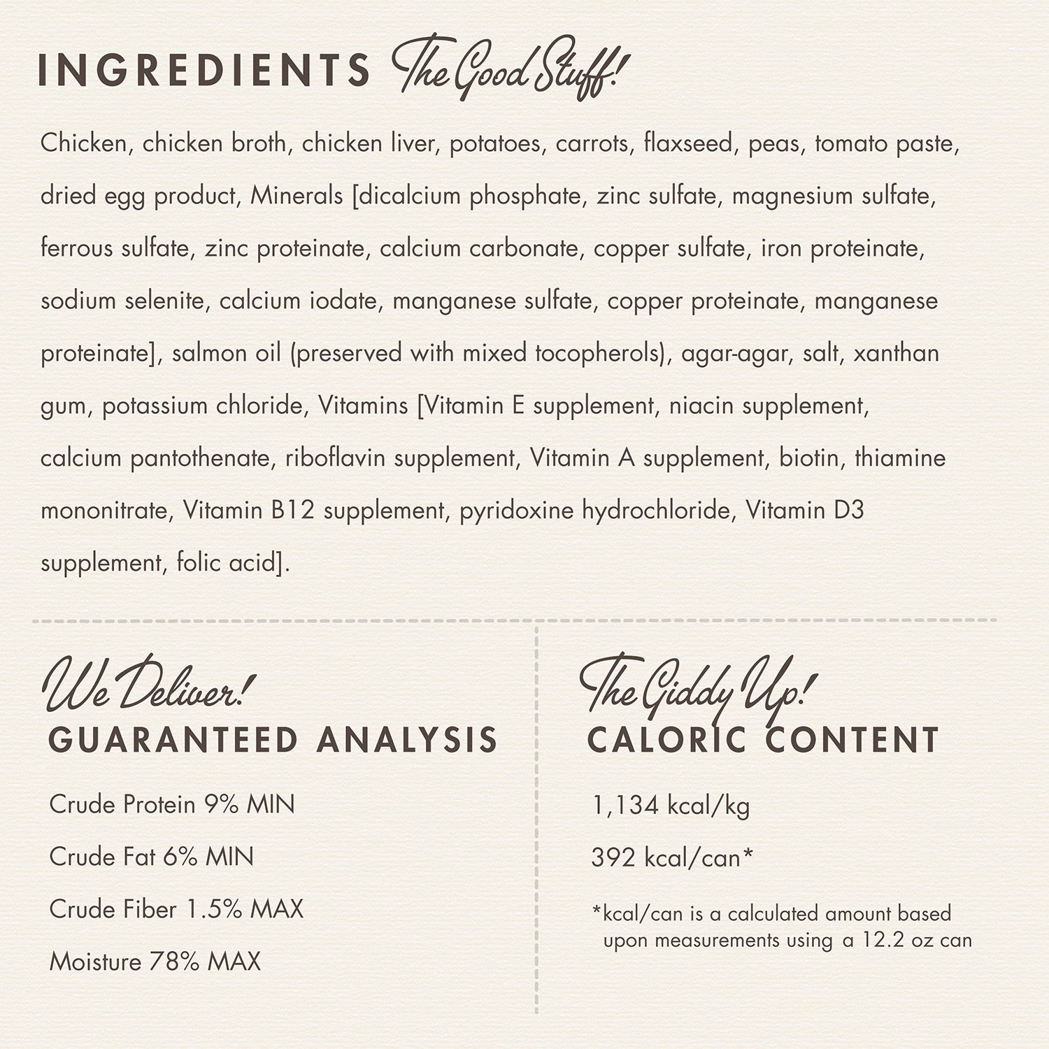 Fromm Pâté Chicken ingredients panel with guaranteed analysis and caloric content