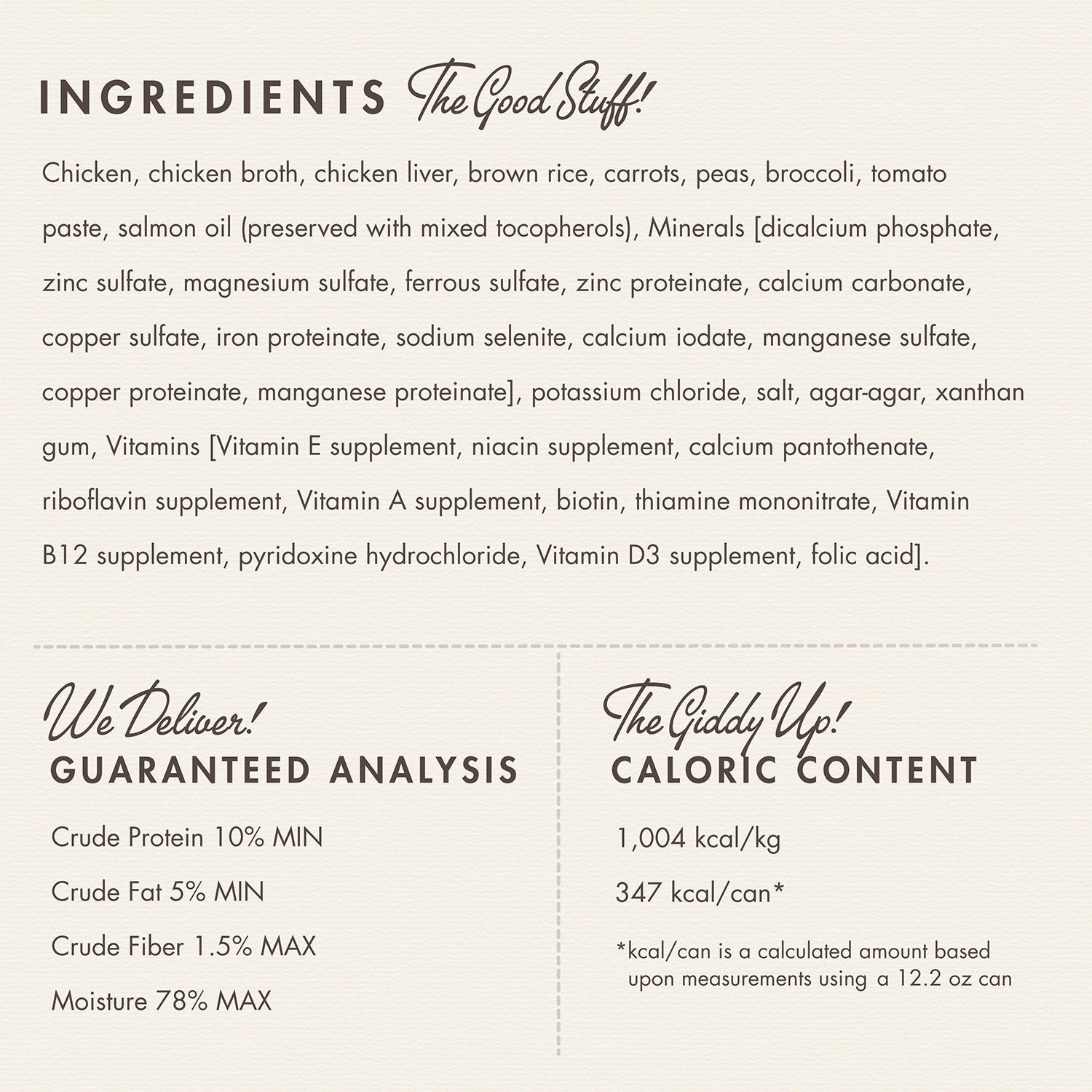 Fromm Pâté Chicken & Rice ingredients panel with guaranteed analysis and caloric content