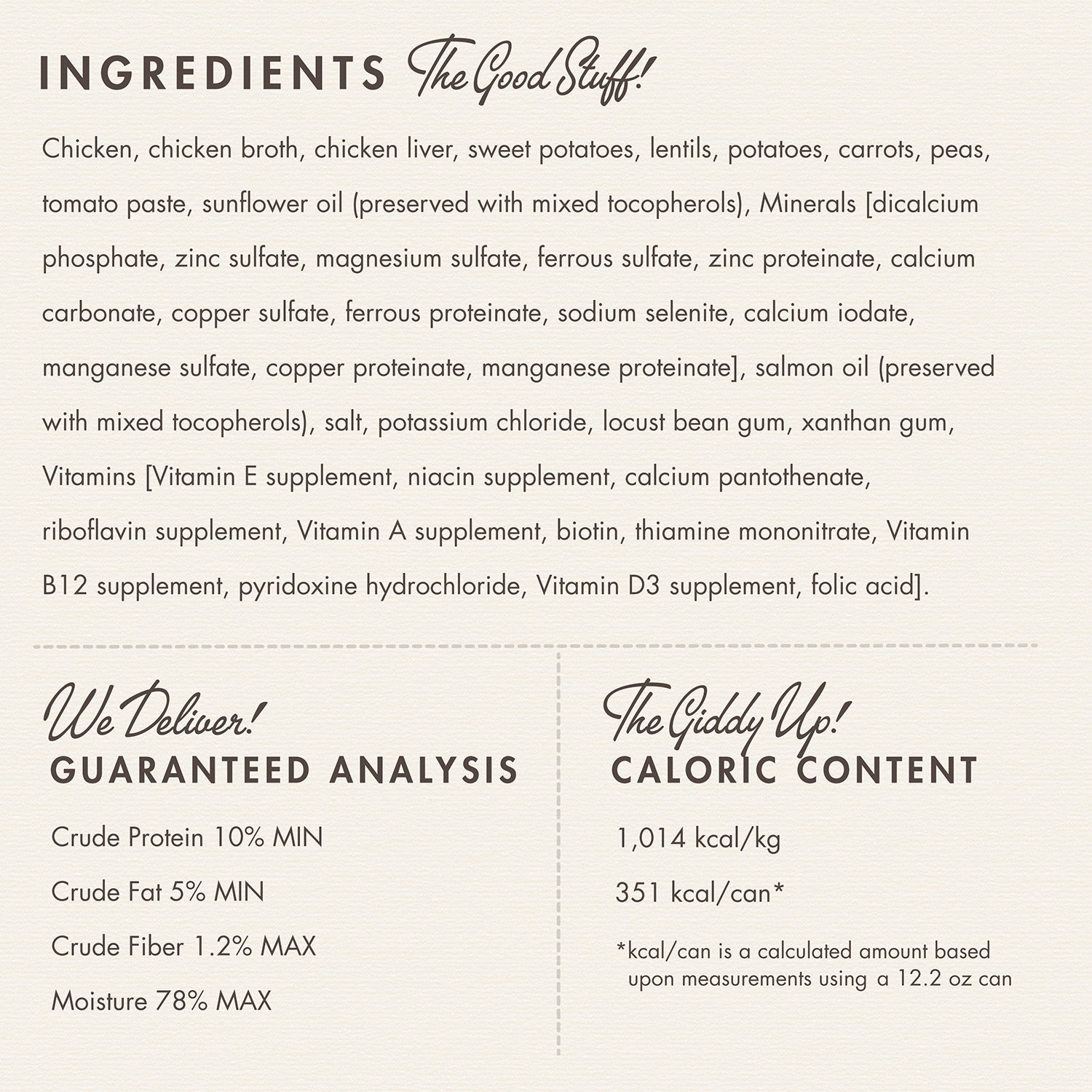 Fromm Pâté Chicken & Sweet Potato ingredients panel with guaranteed analysis and caloric content