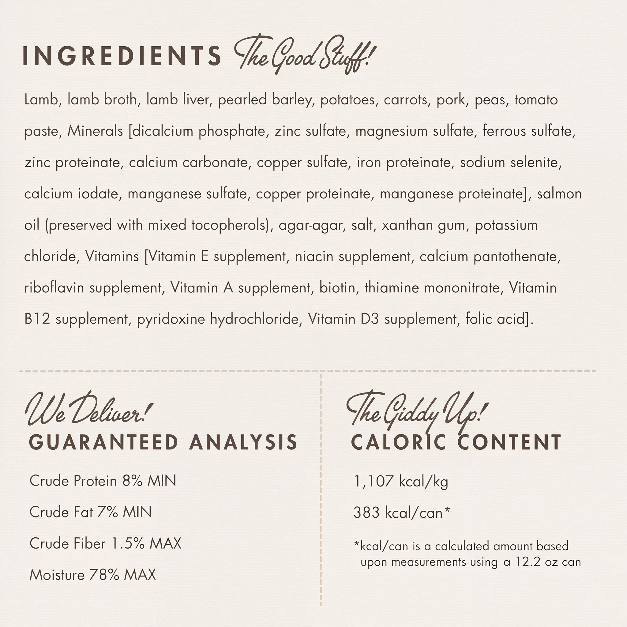 Fromm Pâté Lamb Pâté ingredients panel with guaranteed analysis and caloric content