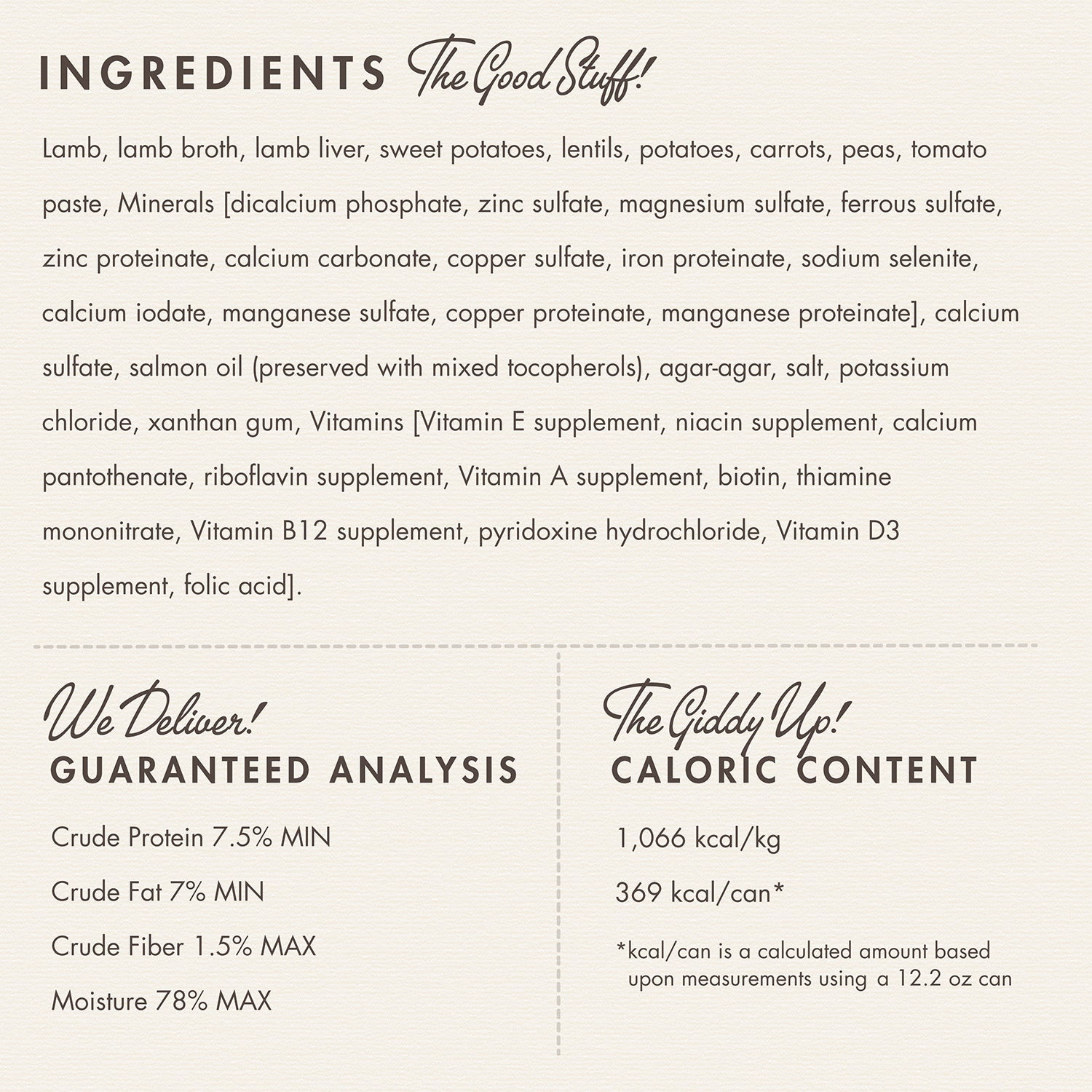 Fromm Pâté Lamb & Sweet Potato ingredients panel with guaranteed analysis and caloric content