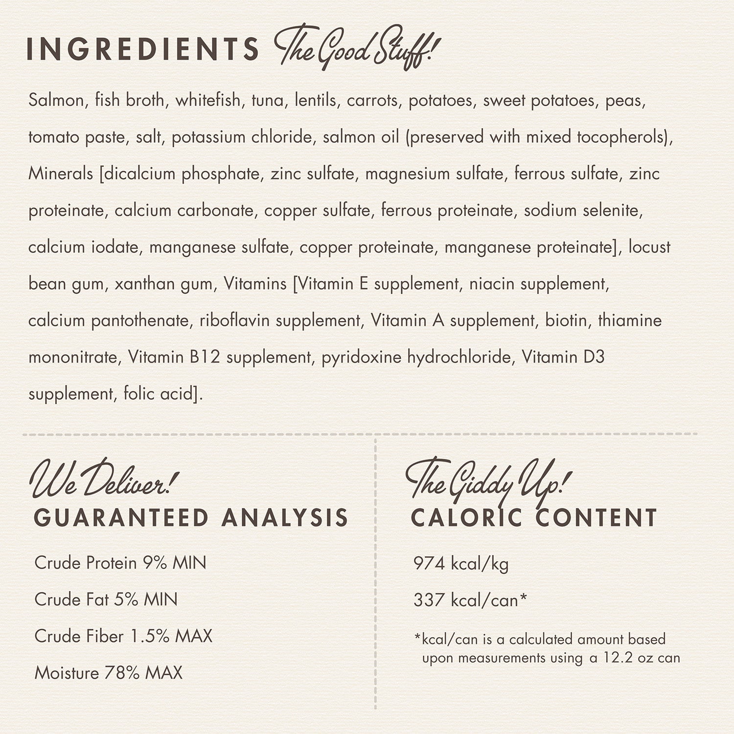 Fromm Pâté Seafood Medley ingredients panel with guaranteed analysis and caloric content