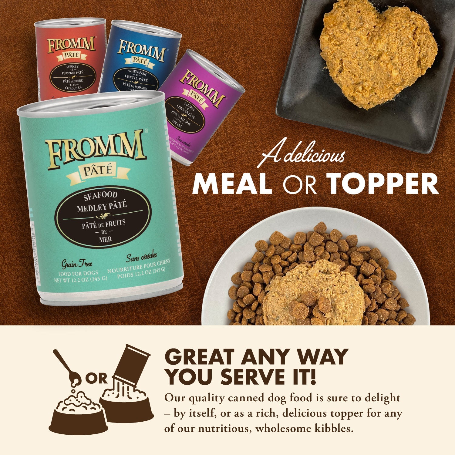 Fromm Pâté canned food served as a delicious meal or as a topper over kibble