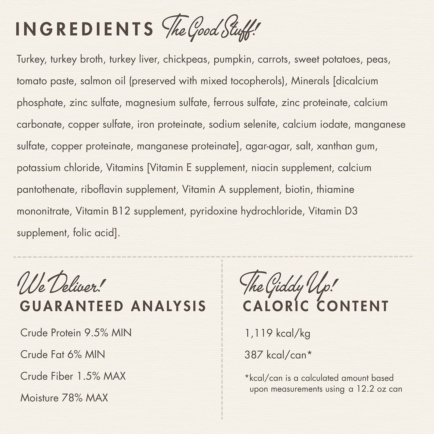 Fromm Pâté Turkey & Pumpkin ingredients panel with guaranteed analysis and caloric content