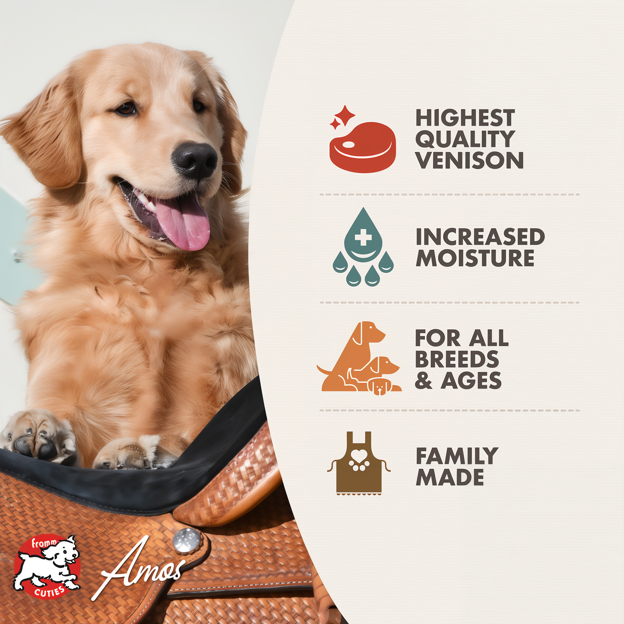 Fromm Cuties dog Amos with Fromm Pâté benefits: highest quality venison, increased moisture, for all breeds and ages, family made