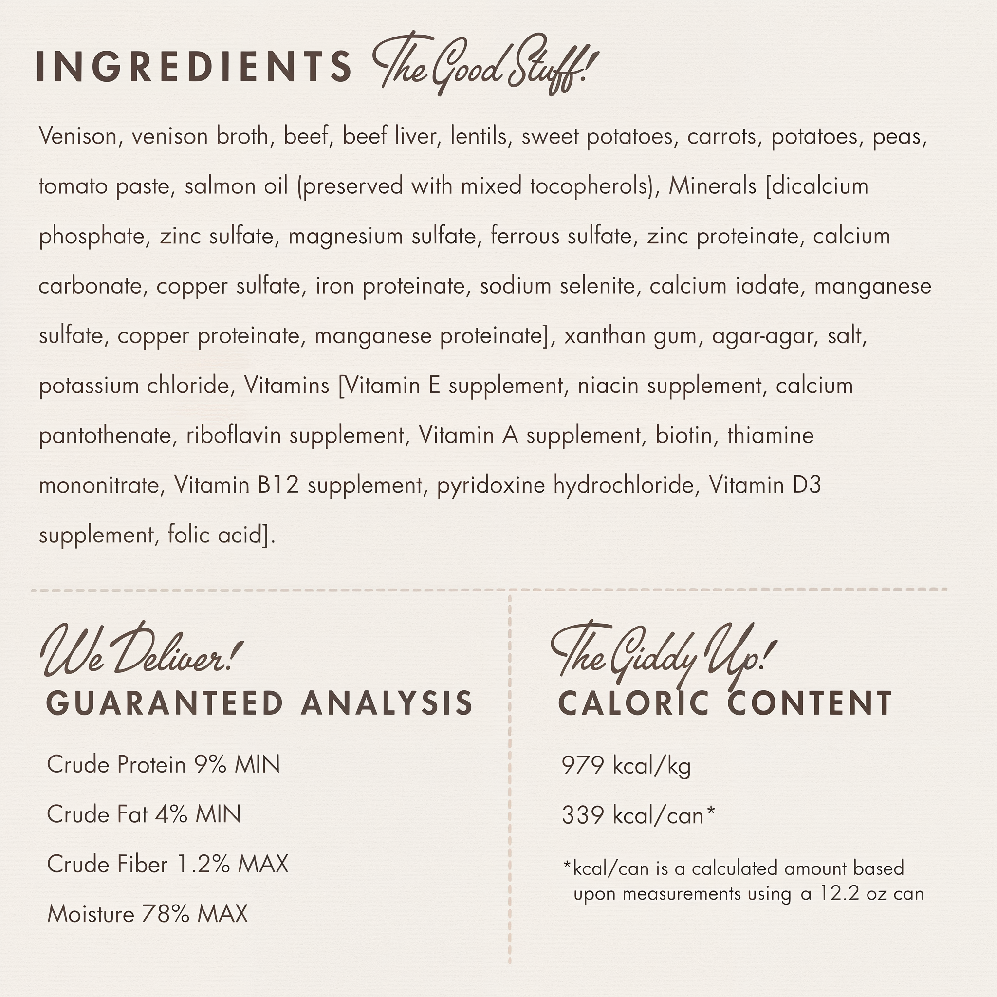 Fromm Pâté Venison & Lentil ingredients panel with guaranteed analysis and caloric content