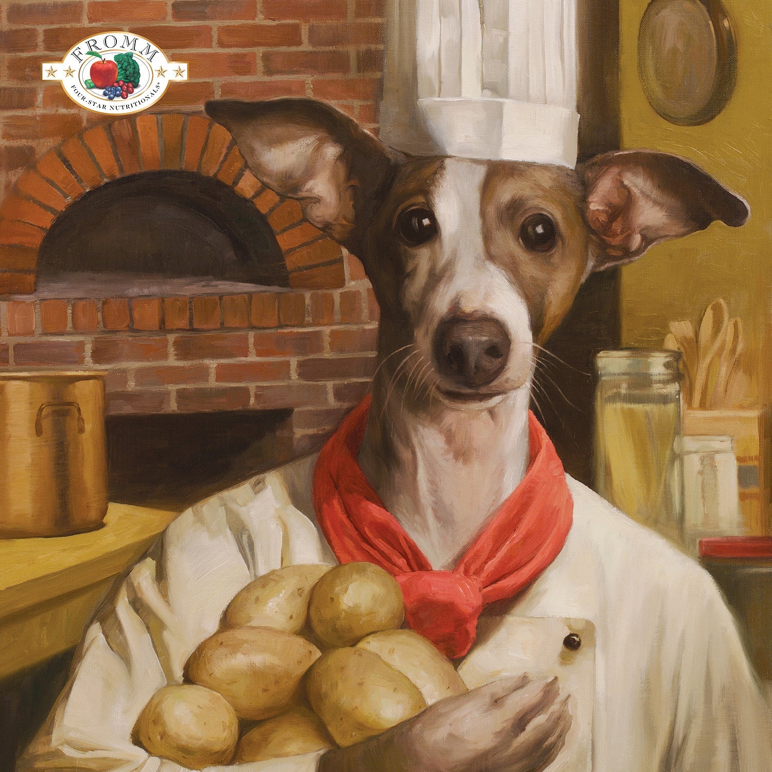 Oil painting of an Italian Greyhound chef in a white toque holding potatoes by a brick oven