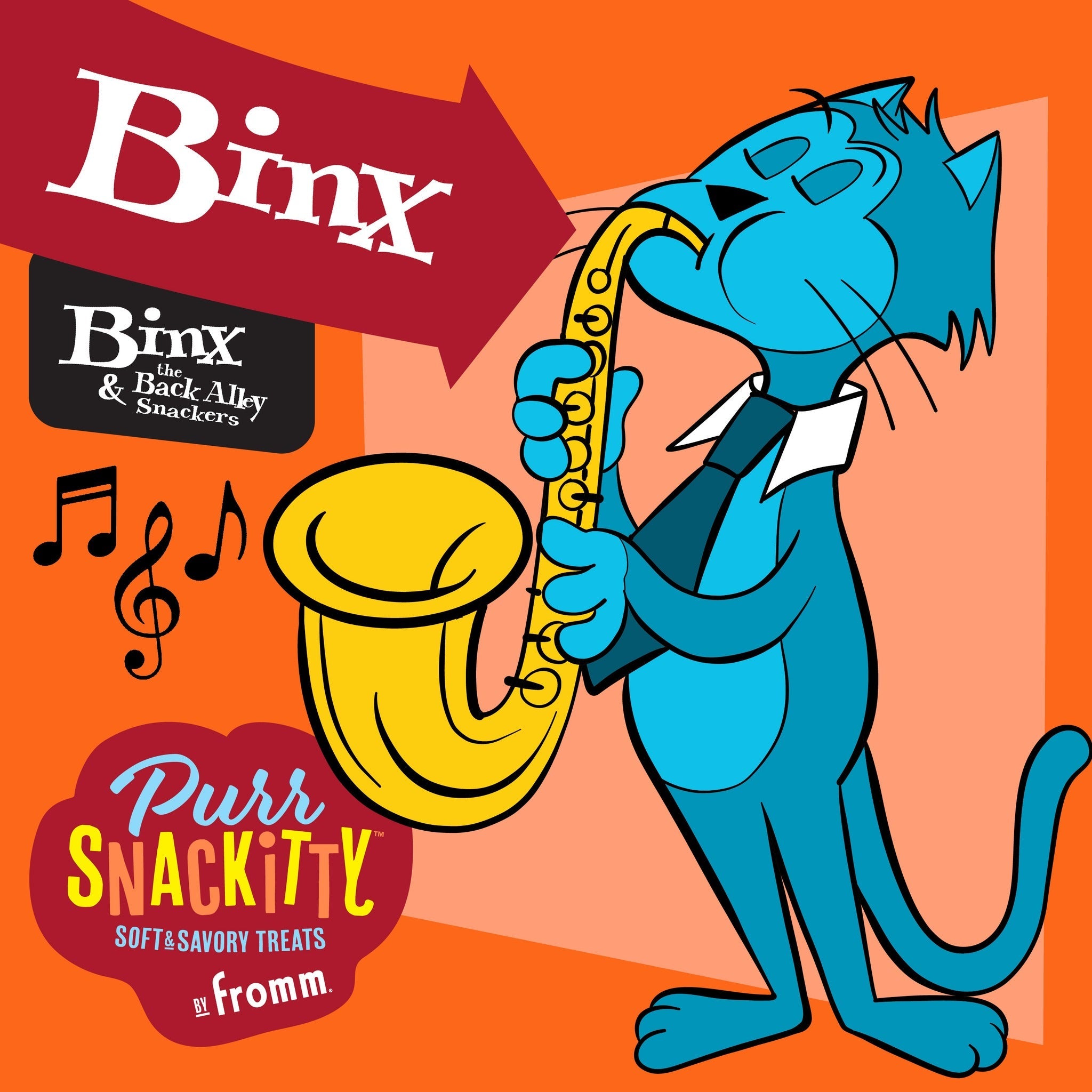 Binx of Binx and the Back Alley Snackers, the cartoon cat of PurrSnackitty chicken flavor, playing saxophone
