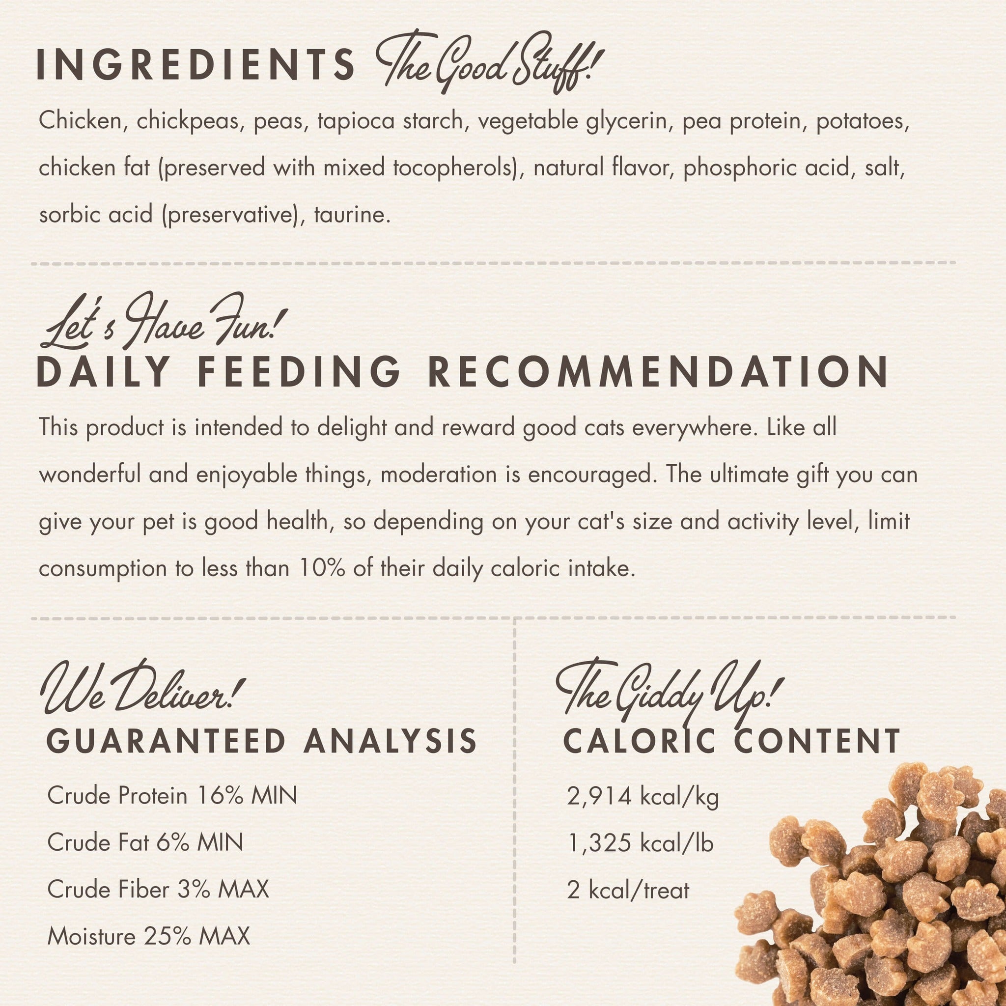 Fromm PurrSnackitty Chicken Flavor Snackitties ingredients, daily feeding recommendation, guaranteed analysis, and caloric content