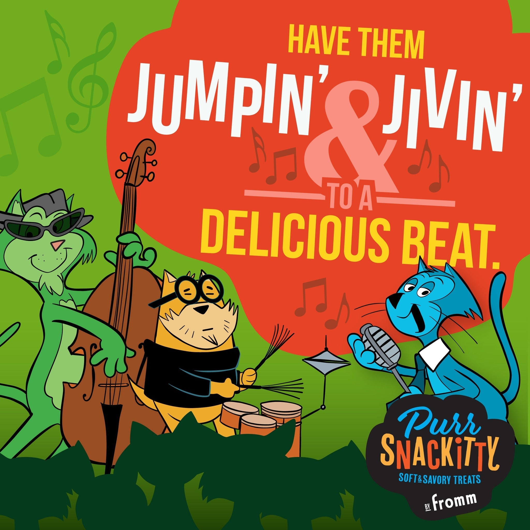 Cartoon cat band artwork: have them jumpin' and jivin' to a delicious beat with PurrSnackitty soft and savory treats