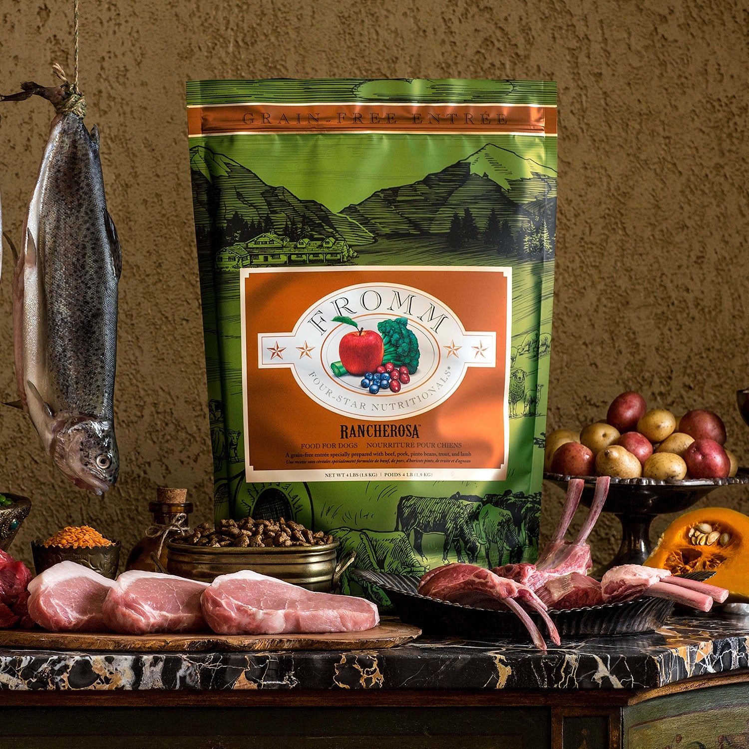 Grain-free Rancherosa bag with raw beef, pork, trout, lamb, potatoes, and squash