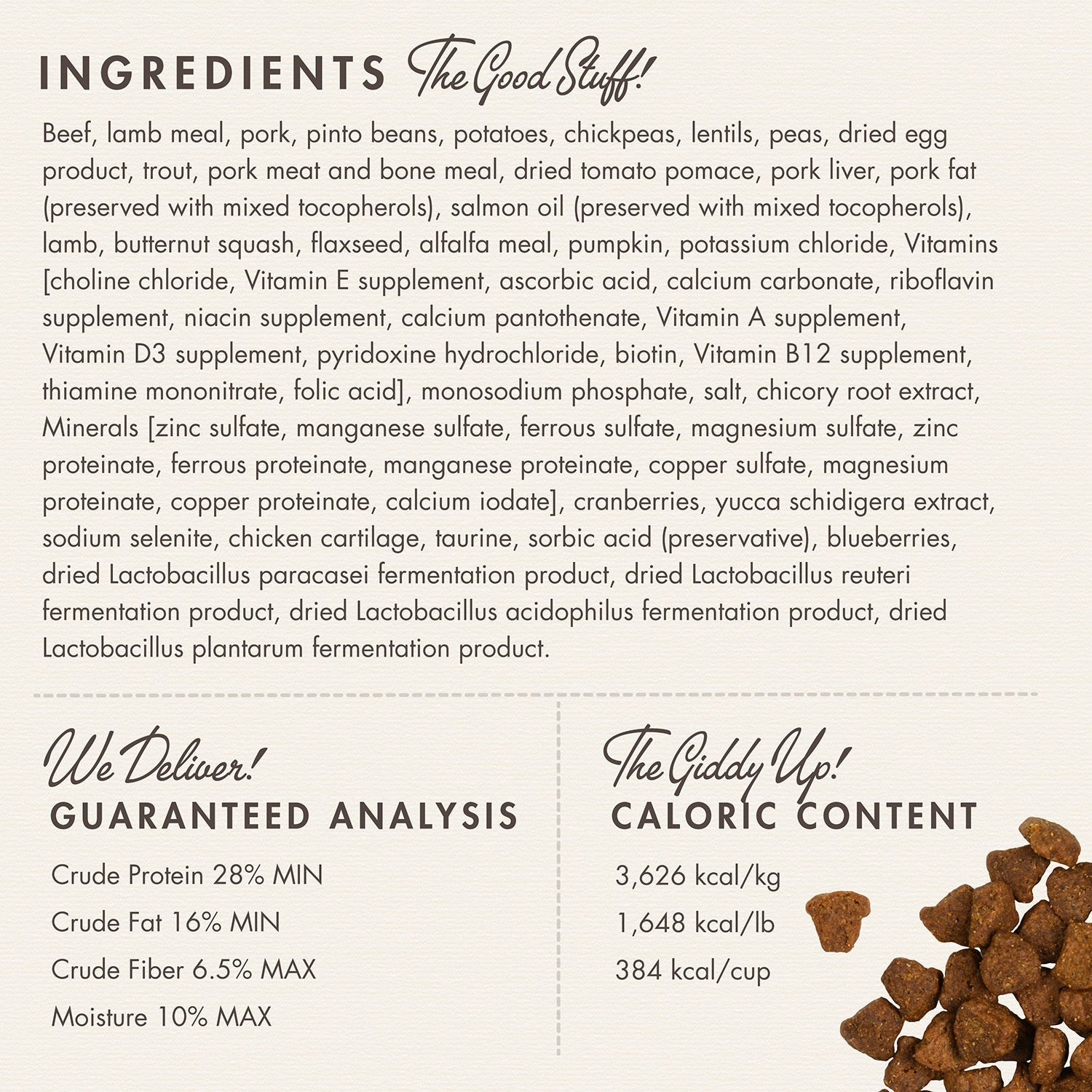 Fromm Rancherosa ingredients panel with guaranteed analysis and caloric content