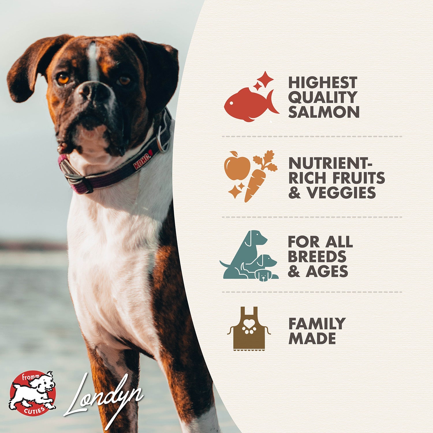 Fromm Cuties dog Londyn with Salmon A La Veg benefits: quality salmon, fruits and veggies, all breeds and ages, family made