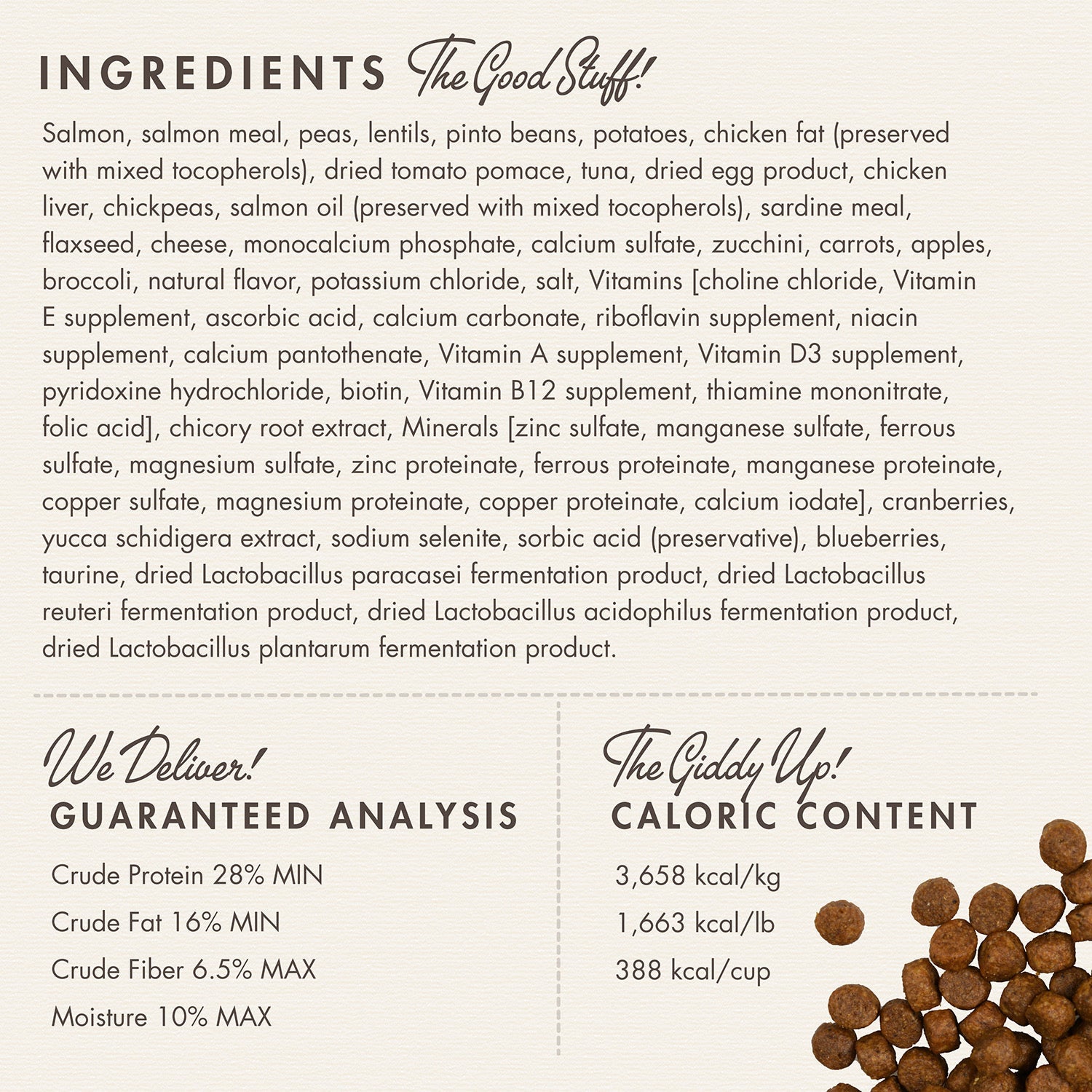 Fromm Salmon Tunalini ingredients panel with guaranteed analysis and caloric content