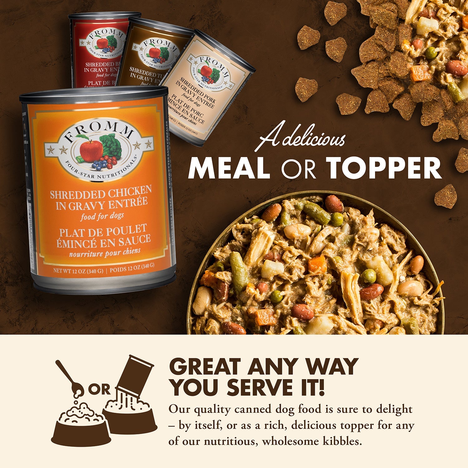 Fromm Four-Star shredded canned food served as a delicious meal or as a topper over kibble