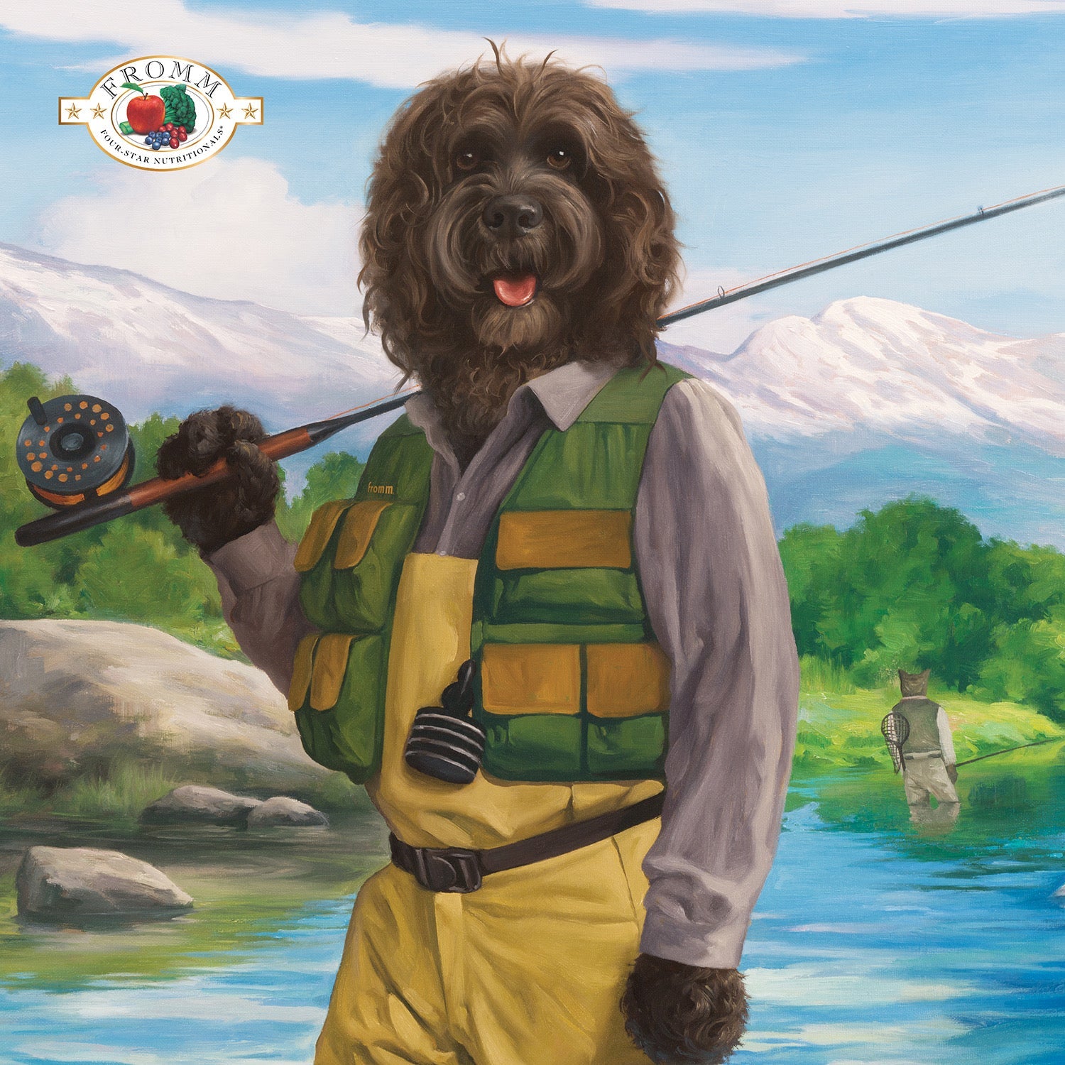 Oil painting of a shaggy brown dog in a fly fishing vest holding a rod by a mountain river