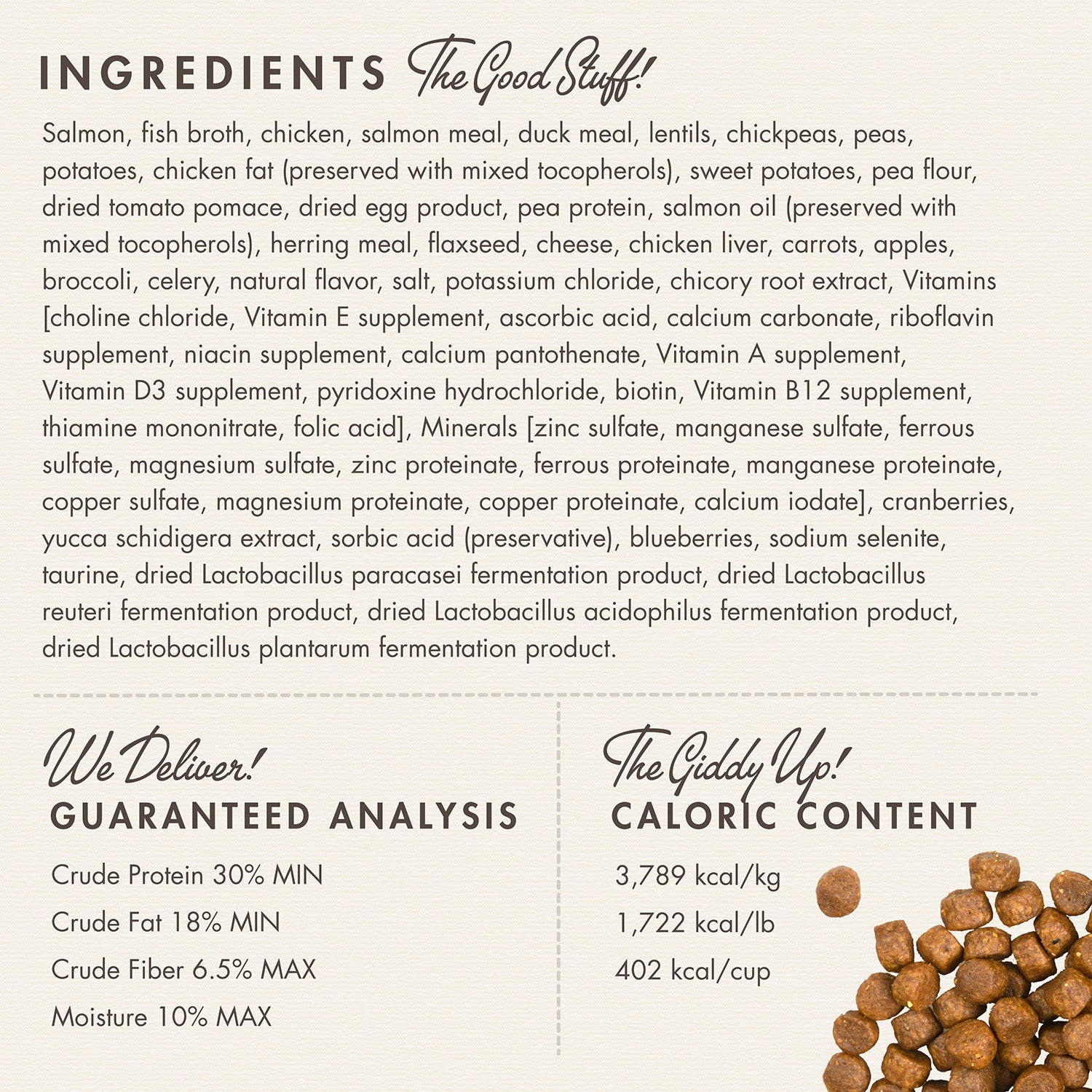 Fromm Surf & Turf ingredients panel with guaranteed analysis and caloric content