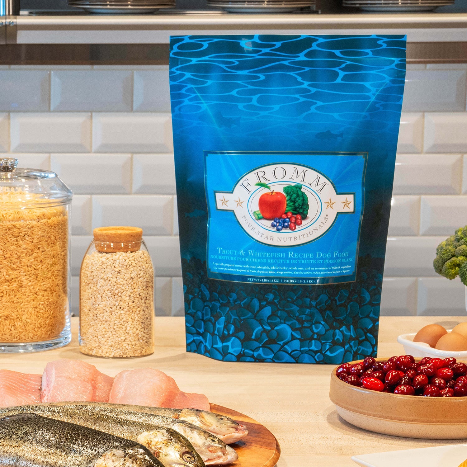 Trout and Whitefish bag with fresh trout, fish fillets, cranberries, and whole grains