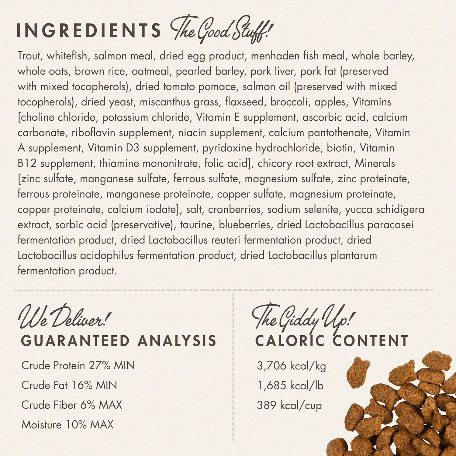 Fromm Trout and Whitefish ingredients panel with guaranteed analysis and caloric content