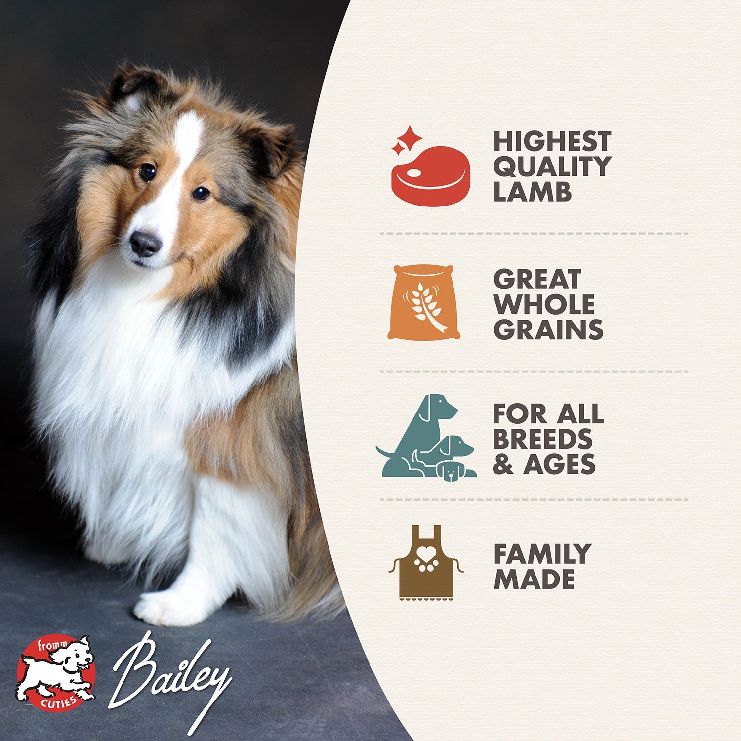 Fromm Cuties dog Bailey with Zealambder benefits: quality lamb, whole grains, all breeds and ages, family made