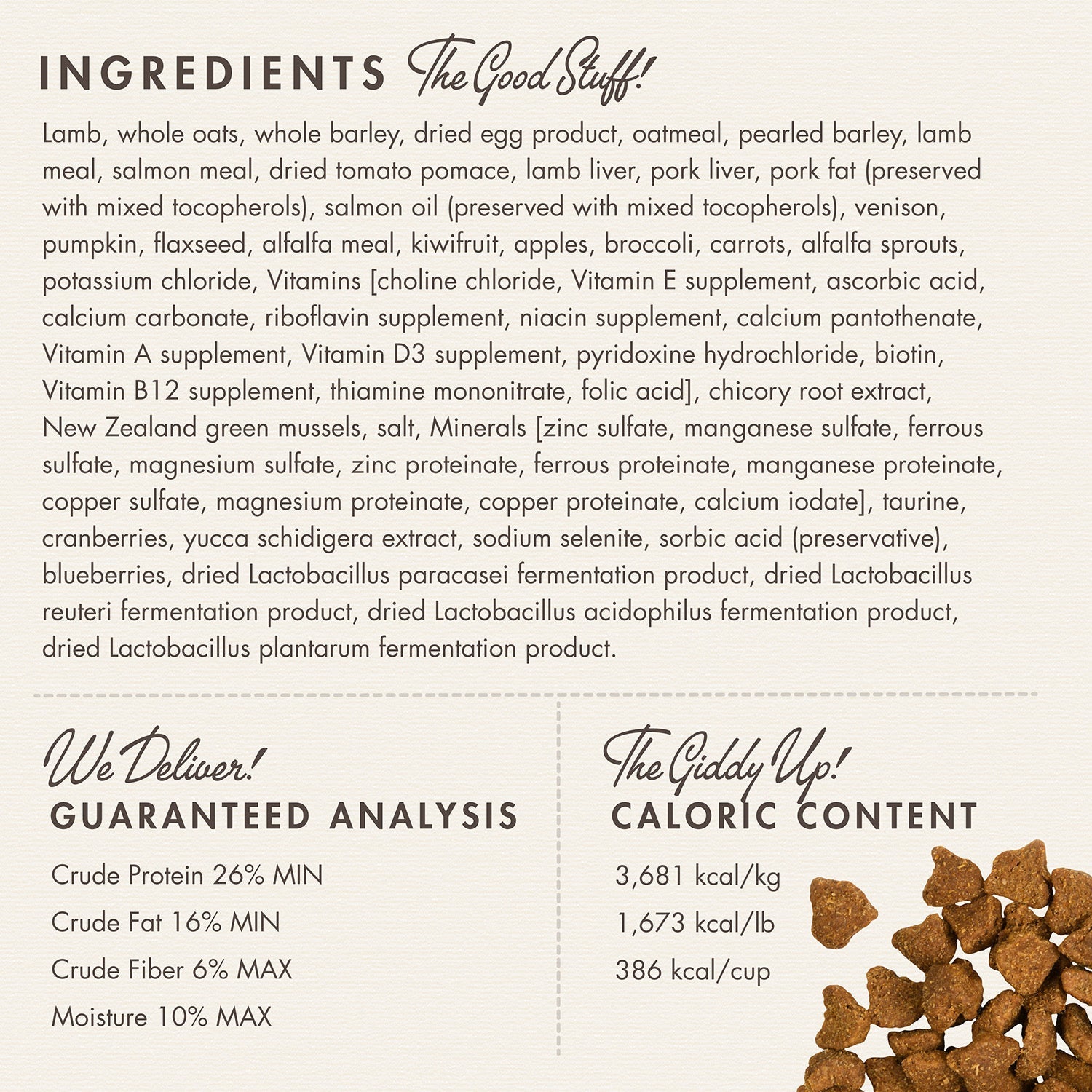 Fromm Zealambder ingredients panel with guaranteed analysis and caloric content