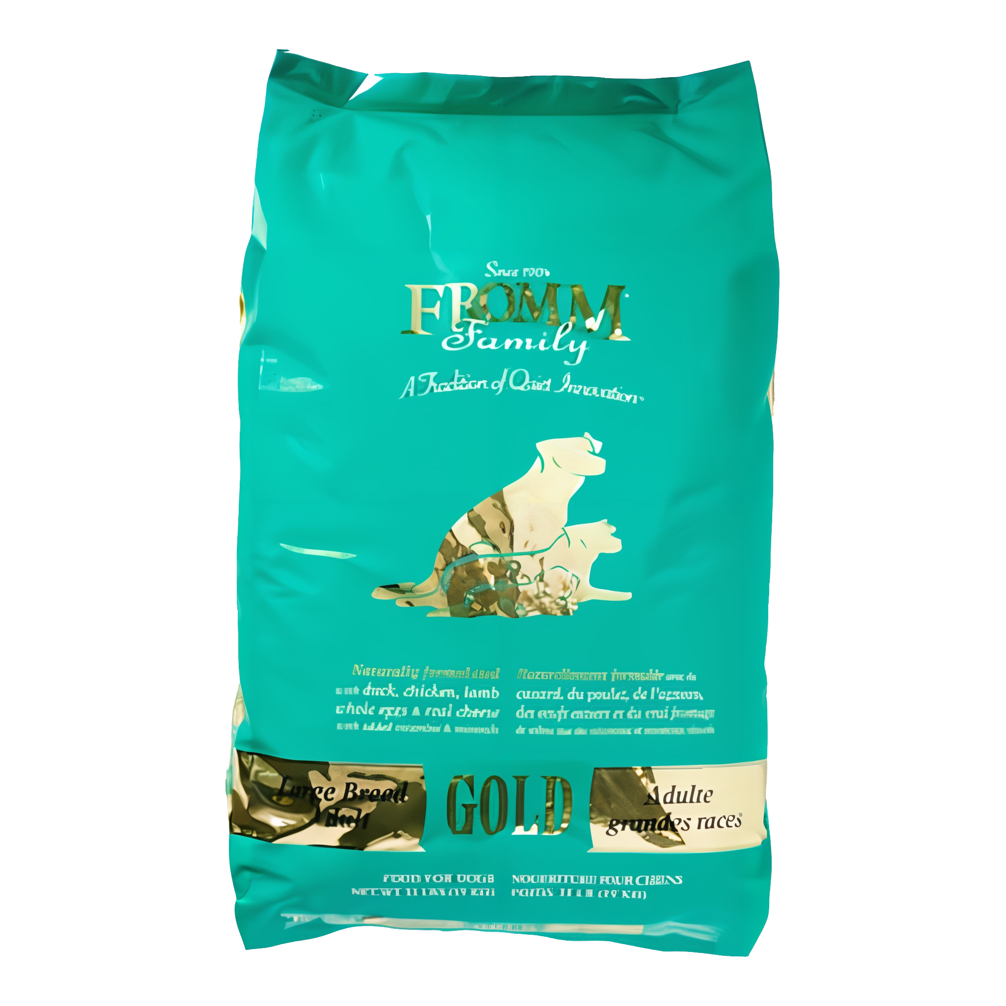 Fromm Gold Large Breed Adult Dry Dog Food, 33 lb bag, duck, chicken, lamb, eggs and cheese.