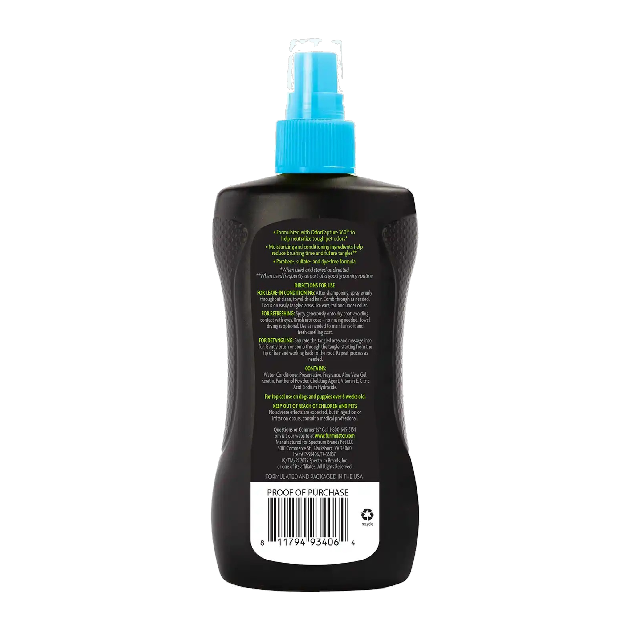 FURminator Doodle Detangling Leave-In Conditioner Spray directions and ingredients, back label