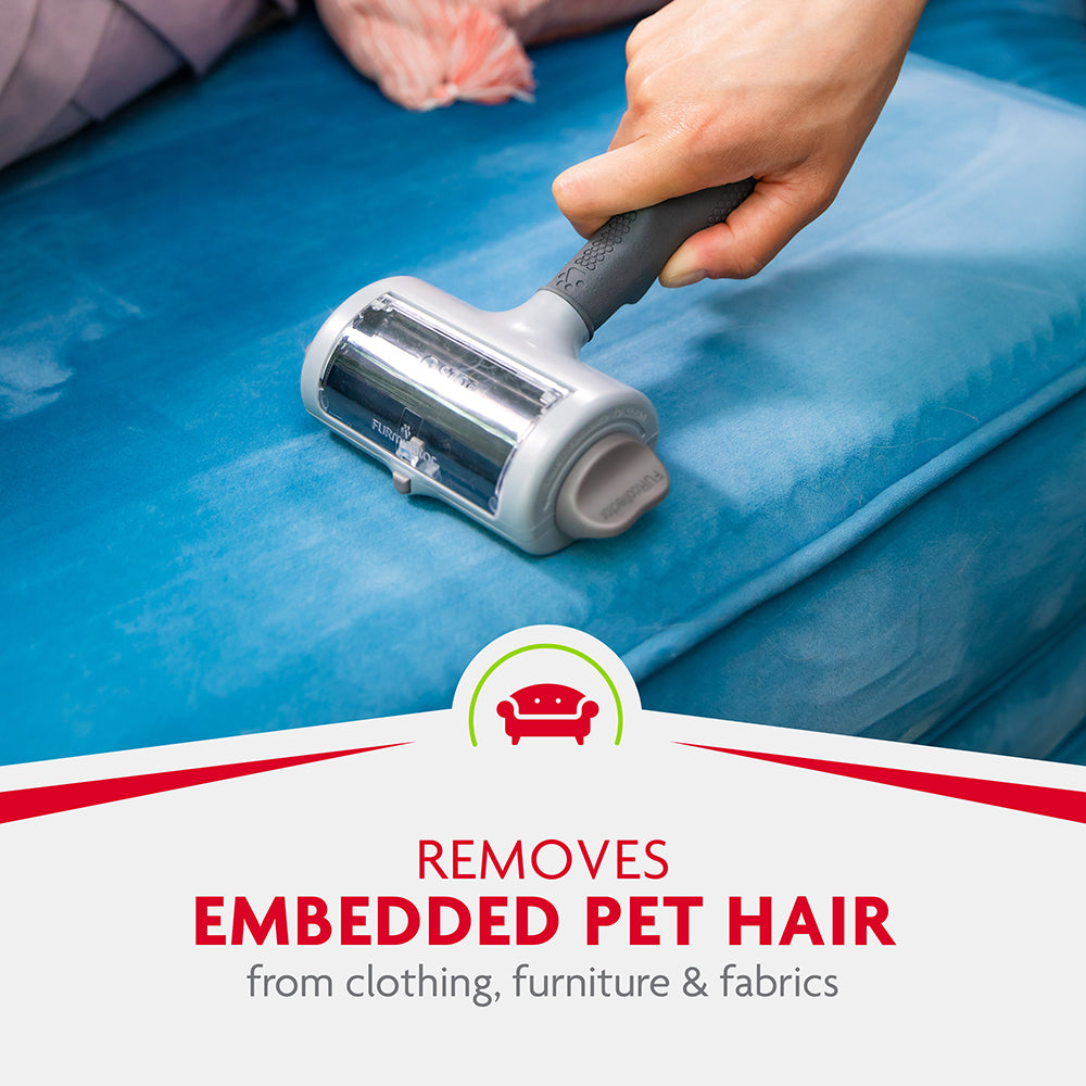 FURminator Hair Collection Tool removes embedded pet hair from furniture and fabrics