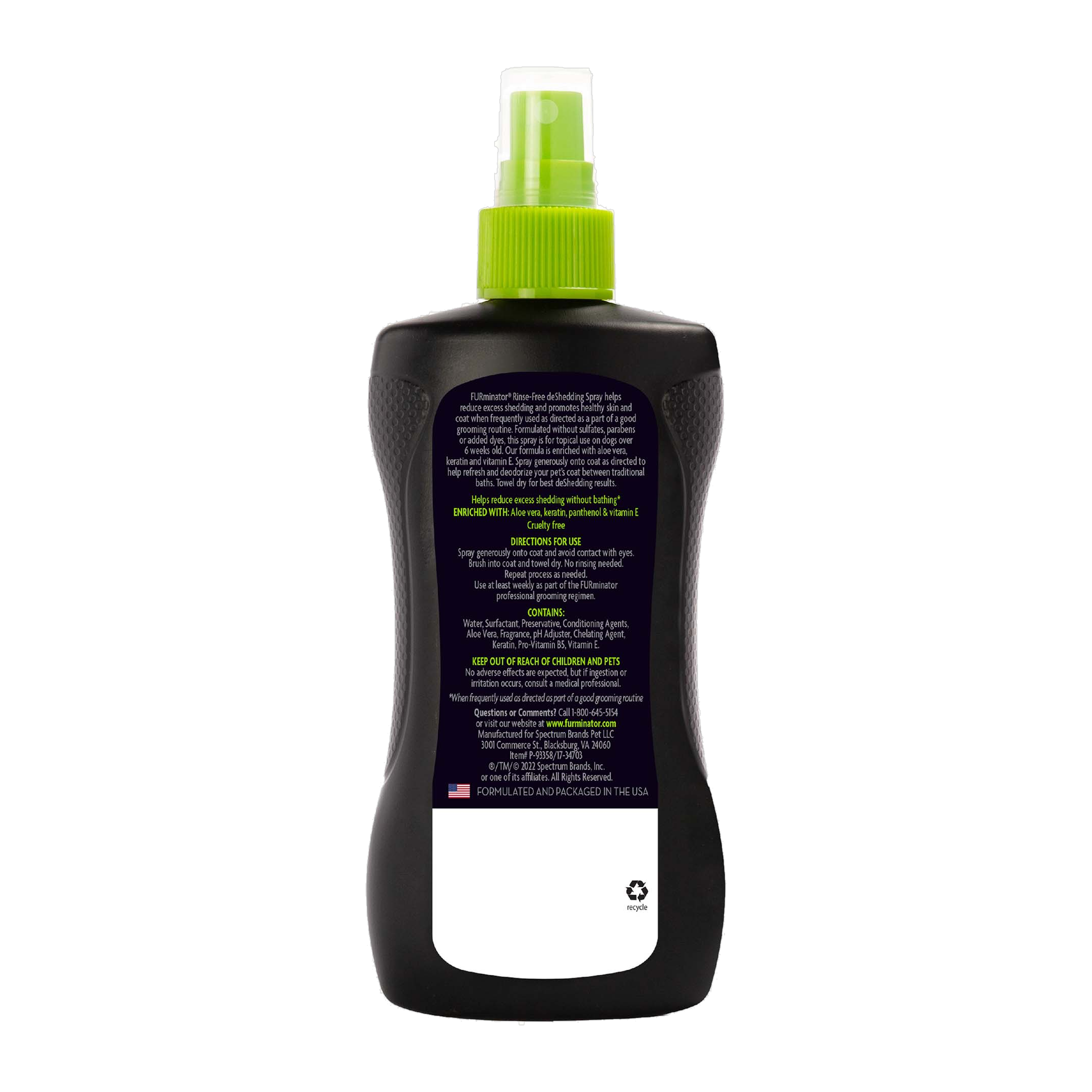 FURminator Rinse Free deShedding Waterless Spray back label with directions and ingredients
